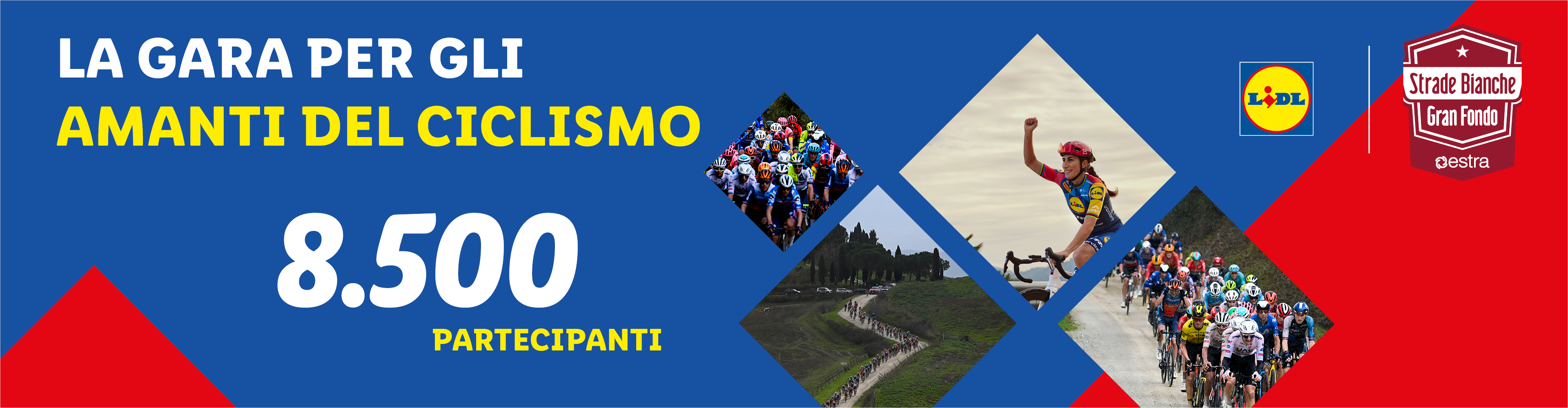 Locandina di un evento ciclistico con 8.500 partecipanti, con immagini di ciclisti in azione.