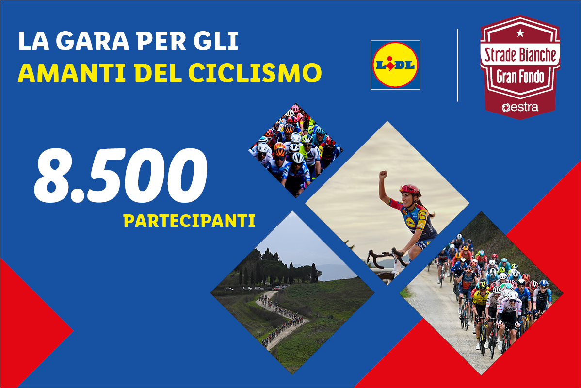 Locandina di un evento ciclistico con 8.500 partecipanti, con immagini di ciclisti in azione.