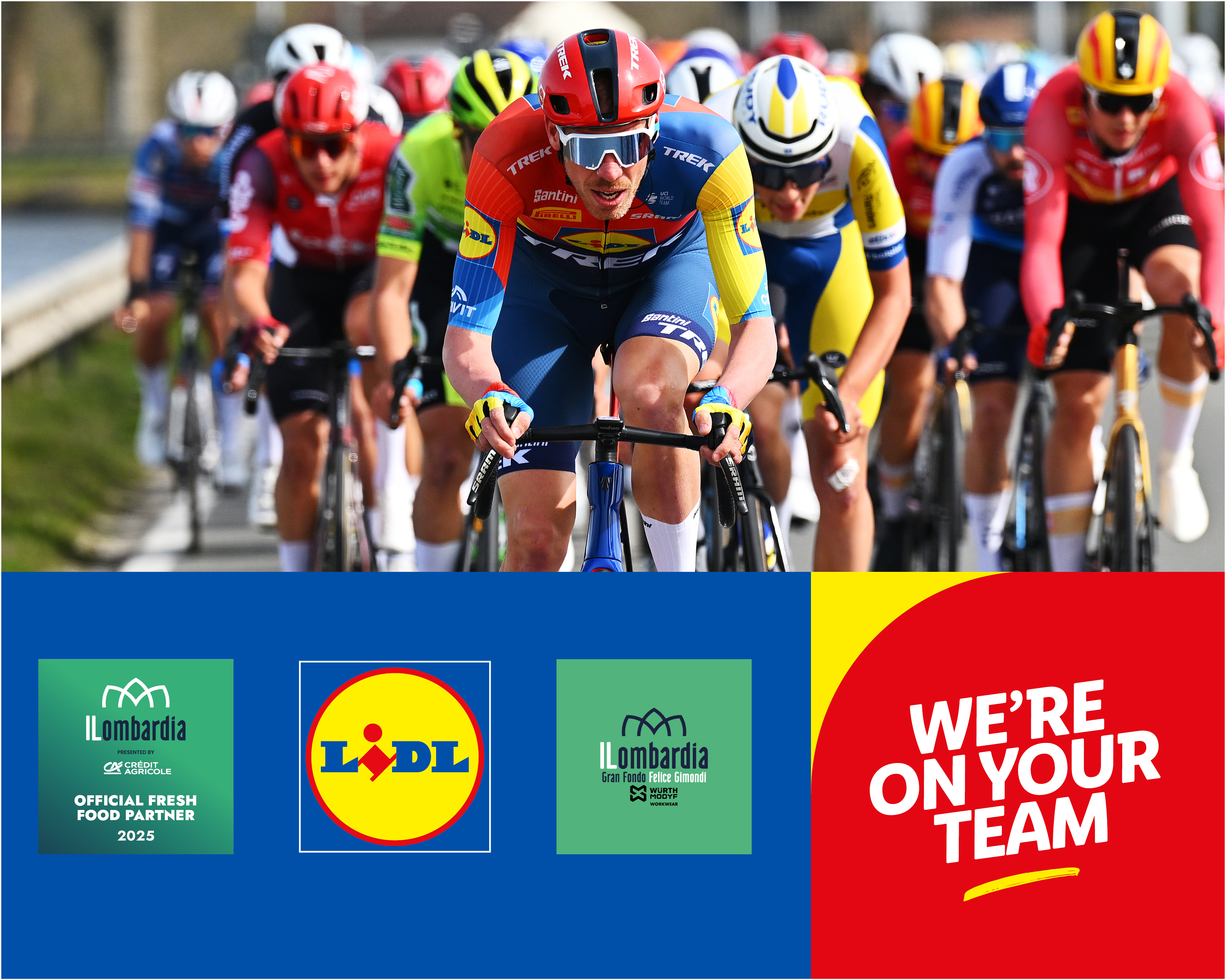 Ciclisti in gara con loghi di sponsor, tra cui Lidl e Il Lombardia.