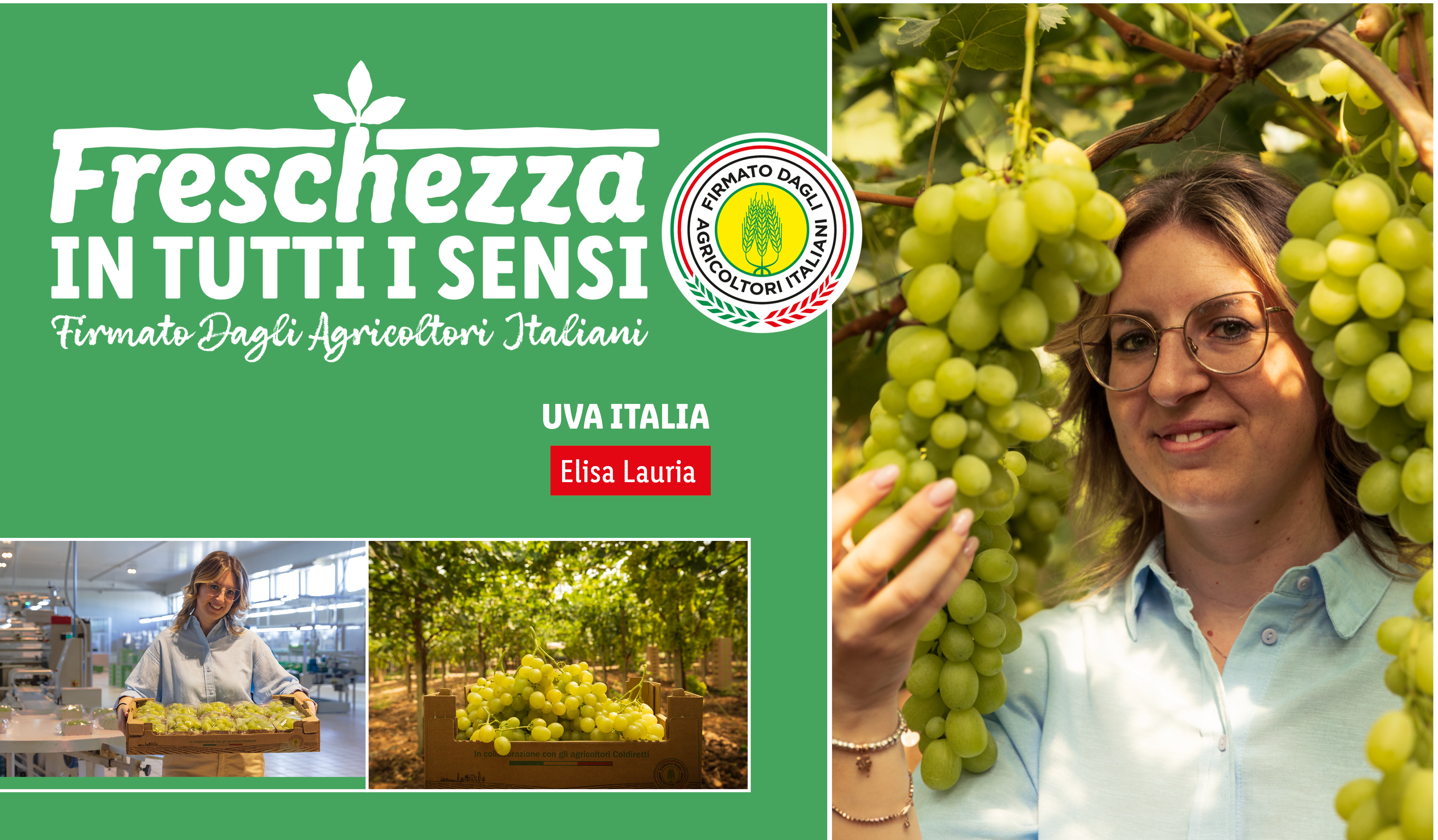 Una donna sorride tra grappoli d'uva, con il logo 'Freschezza in tutti i sensi' e 'Uva Italia' in primo piano.