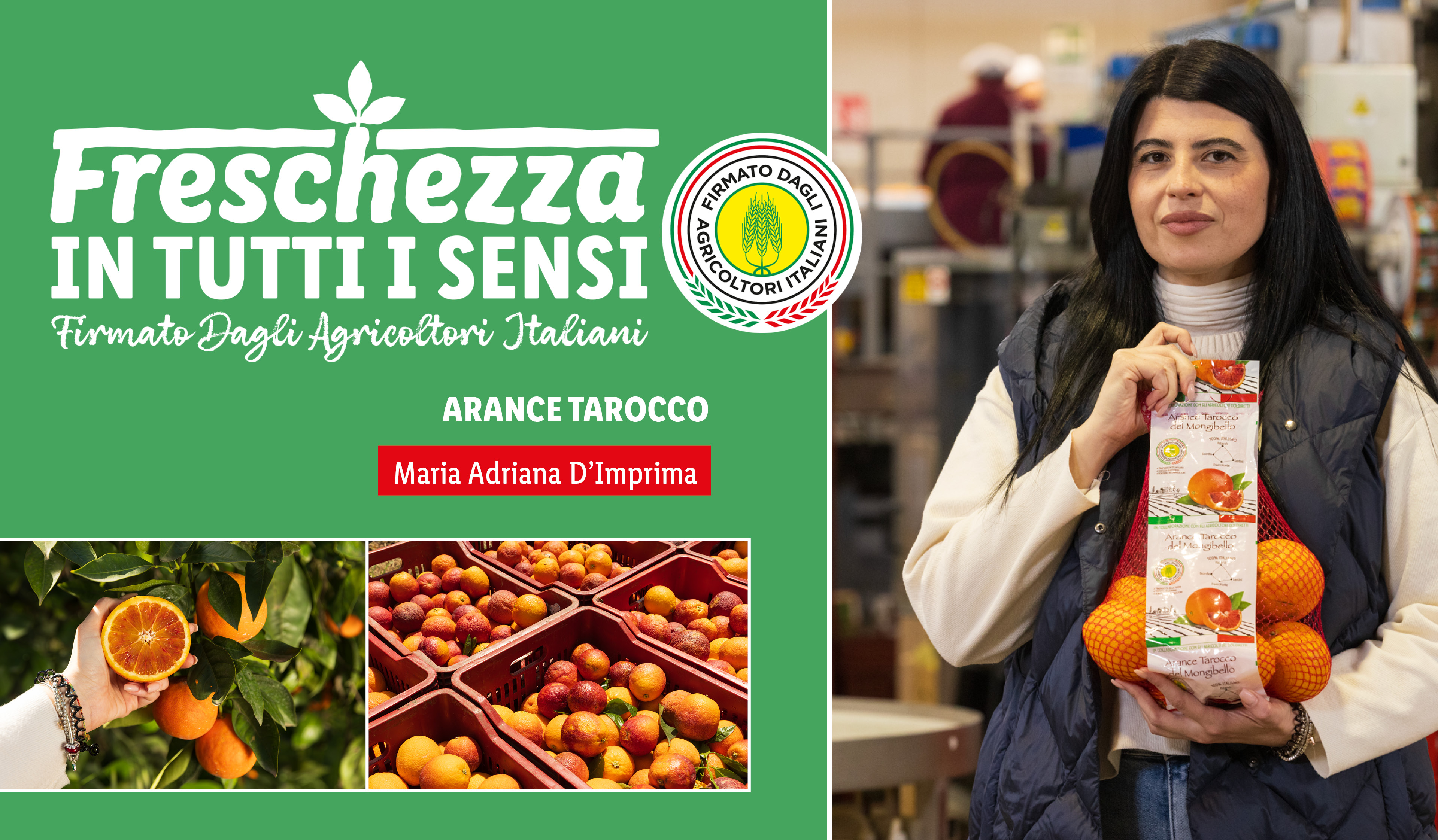 Donna che tiene in mano arance Tarocco confezionate, con logo 'Freschezza in tutti i sensi' e immagini di arance.