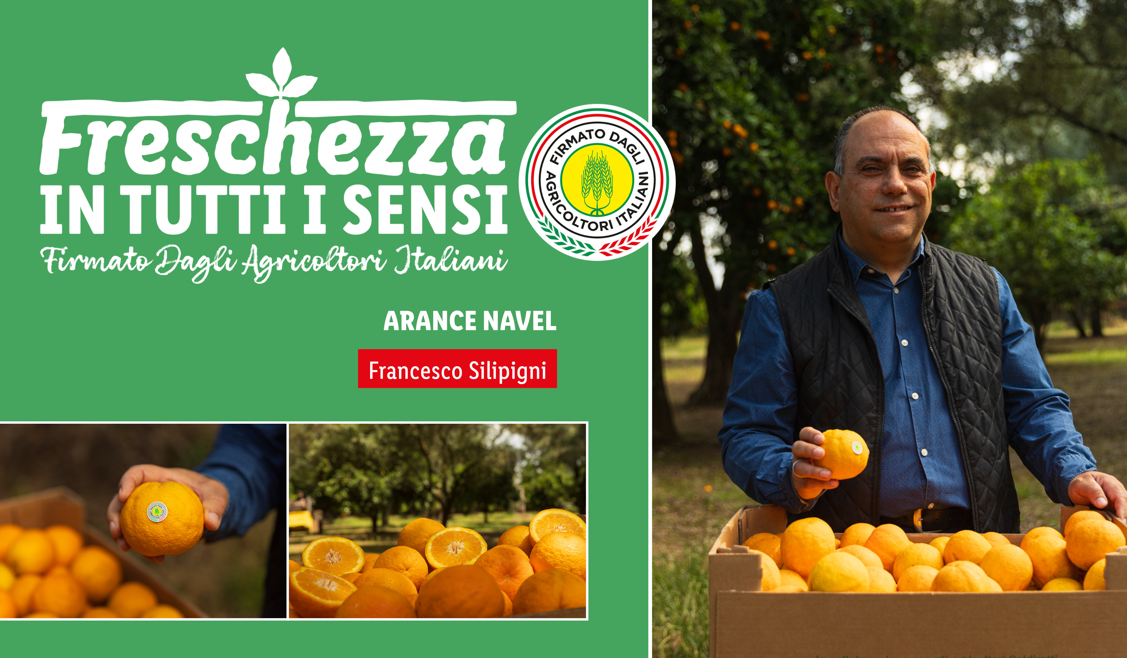 Uomo sorridente con arance Navel, con testo 'Freschezza in tutti i sensi'.