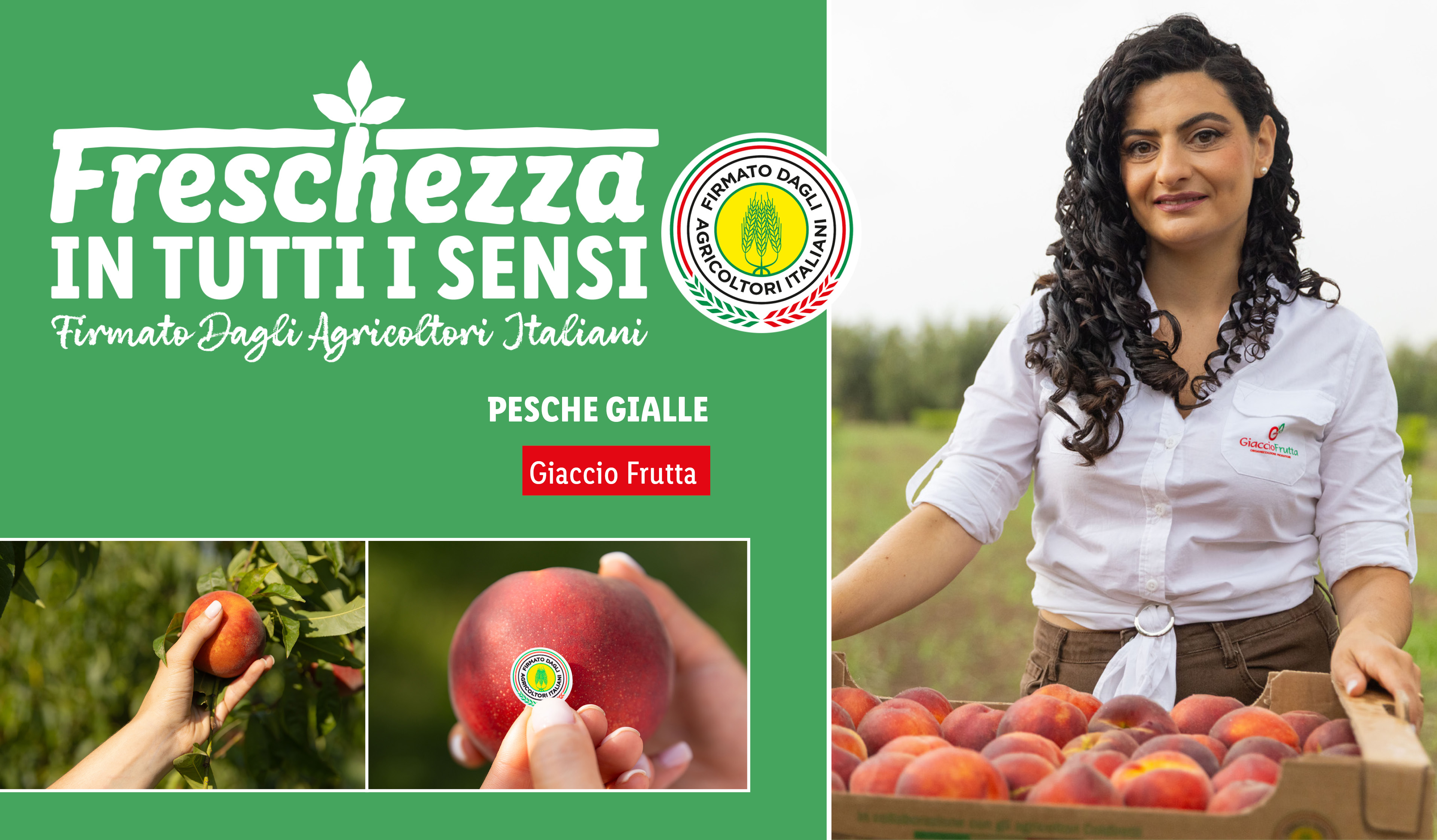 Donna sorridente con una cassetta di pesche gialle fresche, con testo 'Freschezza in tutti i sensi'.