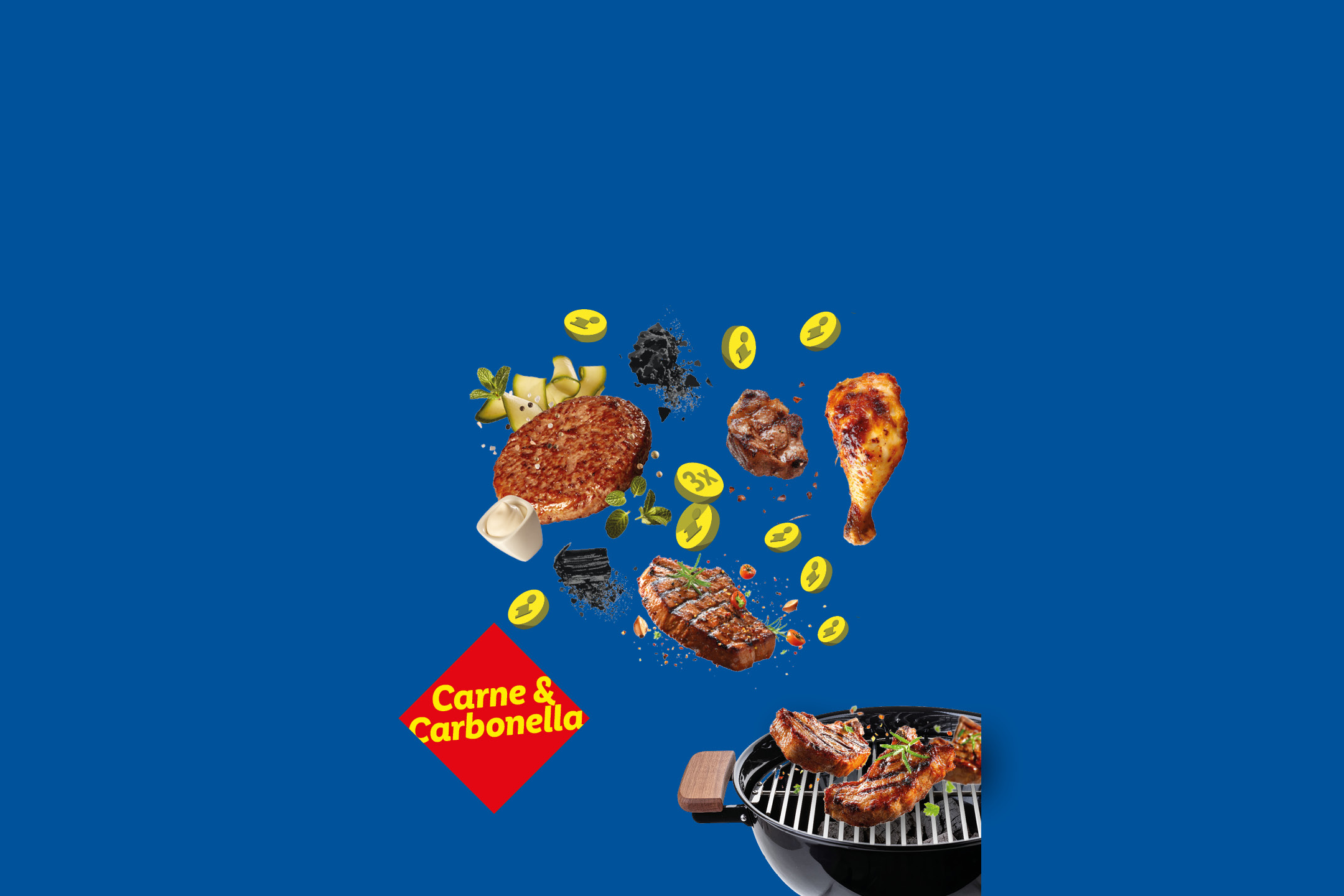 Carne alla griglia, hamburger, pollo e verdure che cadono su un barbecue, con un logo rosso.