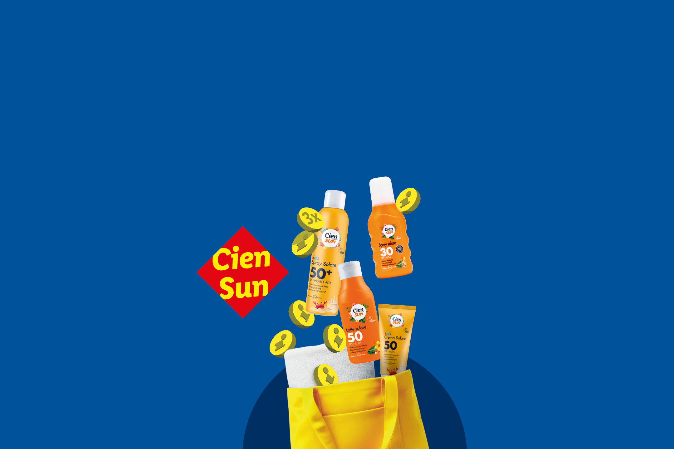 Una borsa gialla piena di creme solari e spray solari per bambini e adulti, con protezione 30 e 50+.