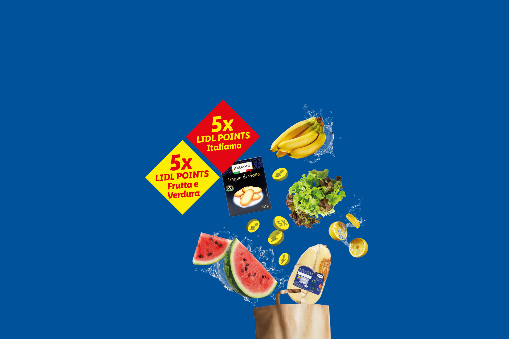 Sfondo blu con anguria, banane, lattuga, formaggio e biscotti, con etichette '5x Punti Lidl' per prodotti italiani e frutta e verdura.