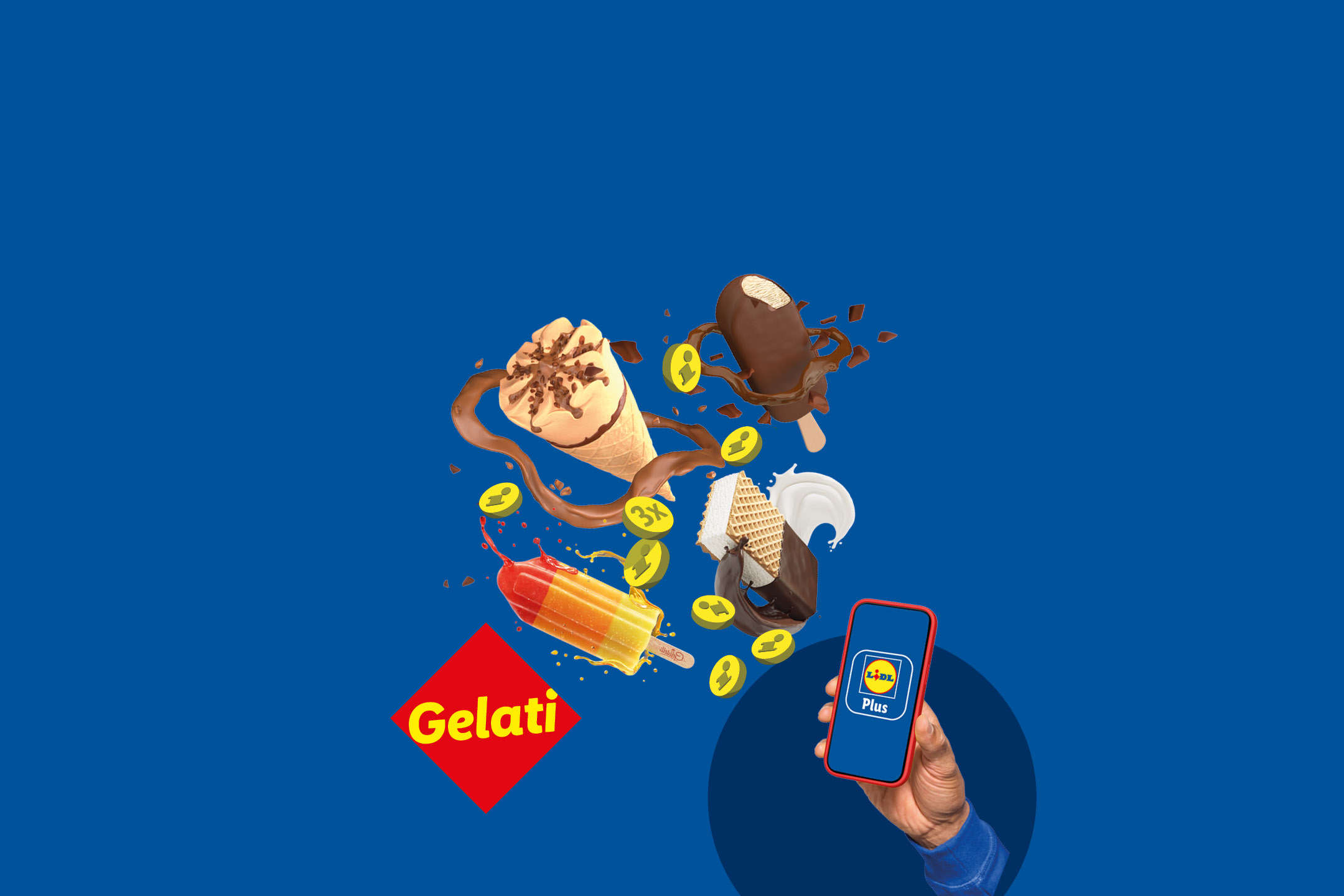 Gelati assortiti con schizzi di cioccolato e panna, monete e un telefono con l'app Plus.