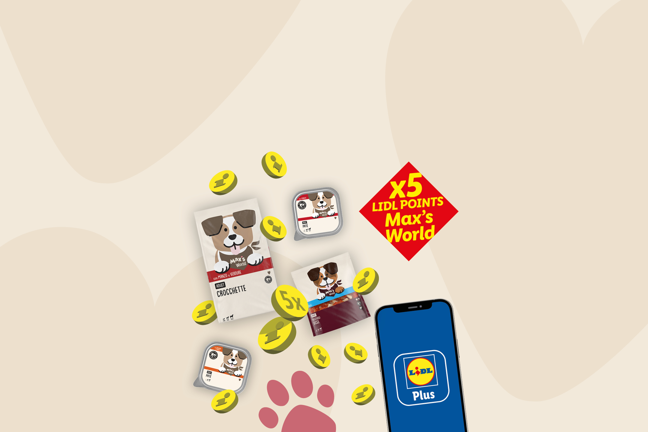 Promozione con punti extra su cibo secco e umido per cani, con simpatico cagnolino illustrato.