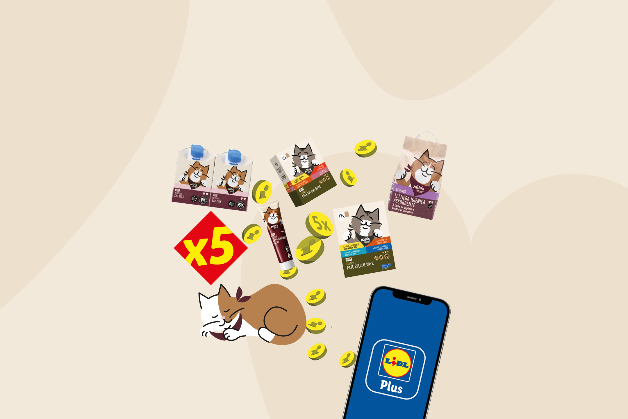 Assortimento di cibo e prodotti per gatti con smartphone e promozione a punti.