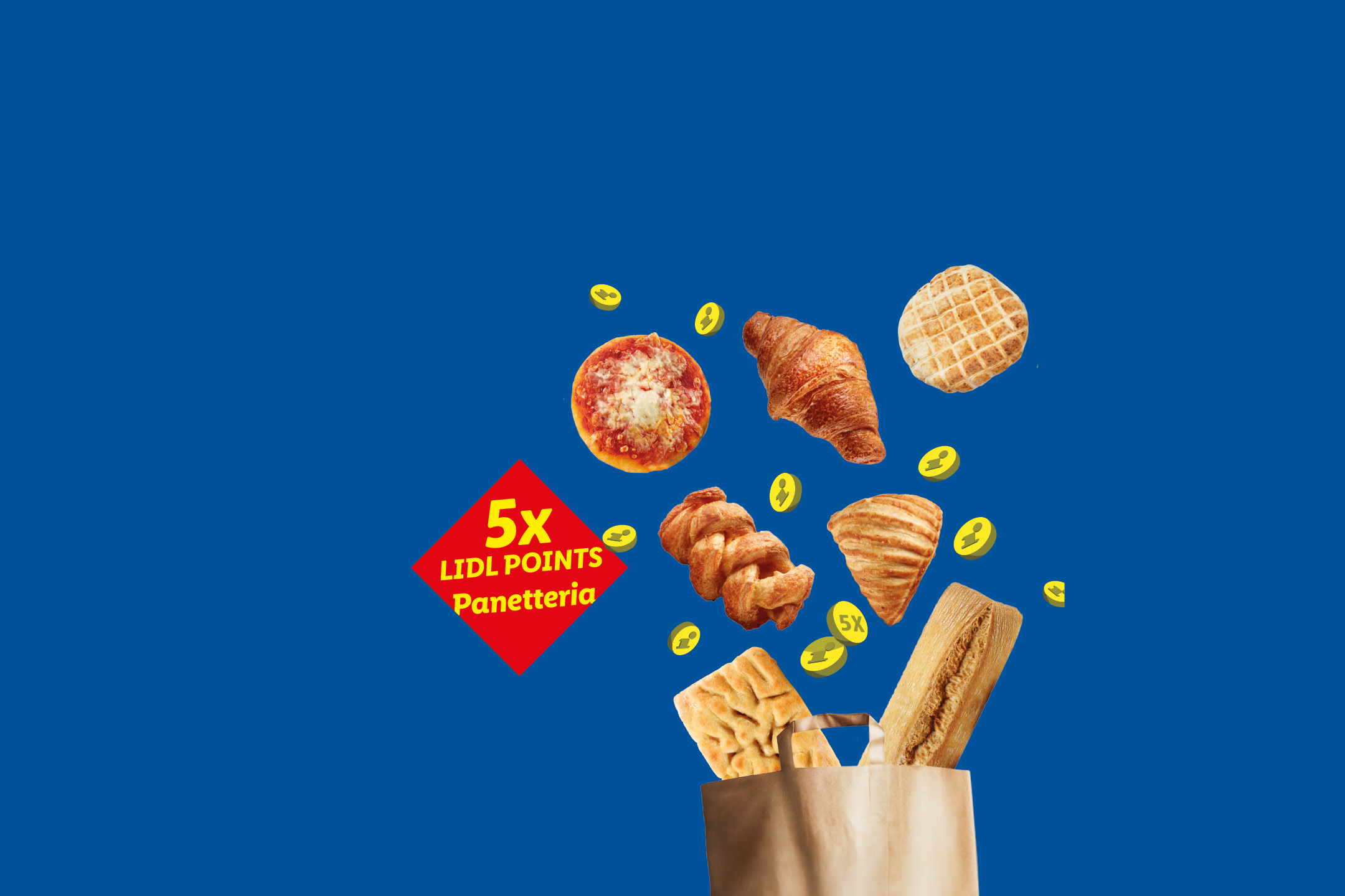 Prodotti da forno assortiti e pane con punti fedeltà 5x, su sfondo blu.