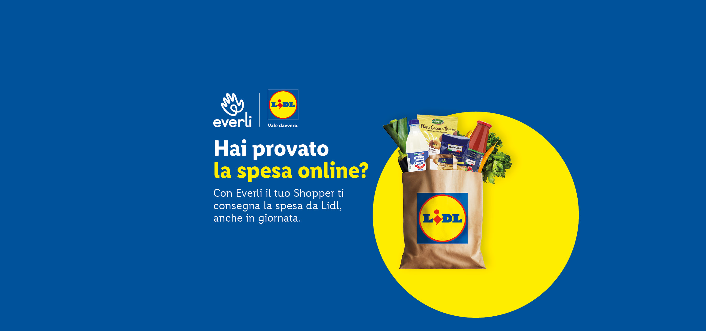 Sfondo blu con logo Everli e Lidl, testo 'Hai provato la spesa online?' e un sacchetto di carta con generi alimentari.