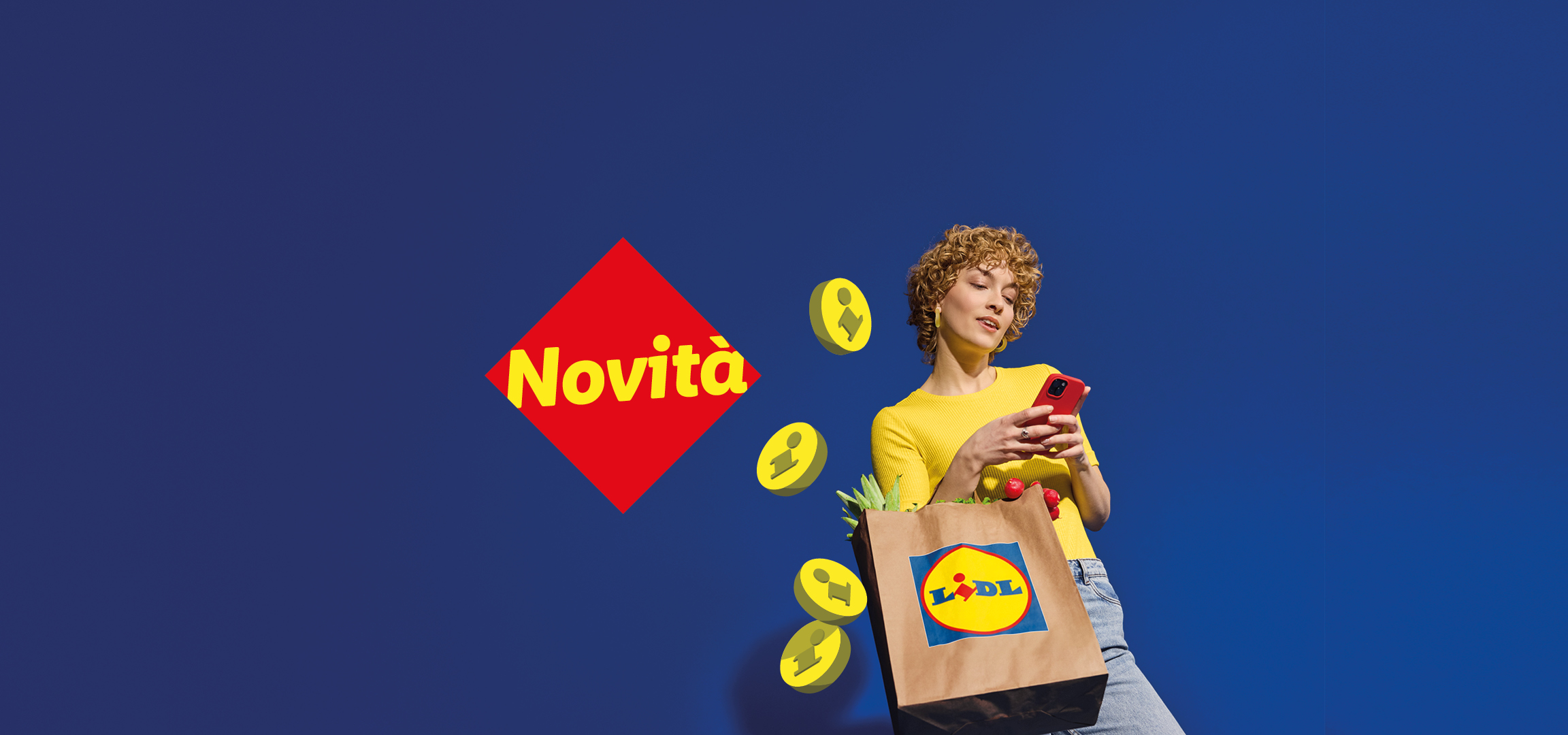 Donna con borsa della spesa e telefono, con la scritta 'Novità' e icone informative.