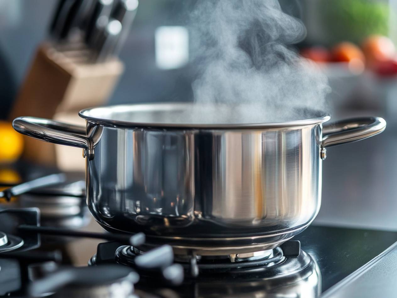Pentola in acciaio inossidabile che bolle sul fornello con vapore che sale.