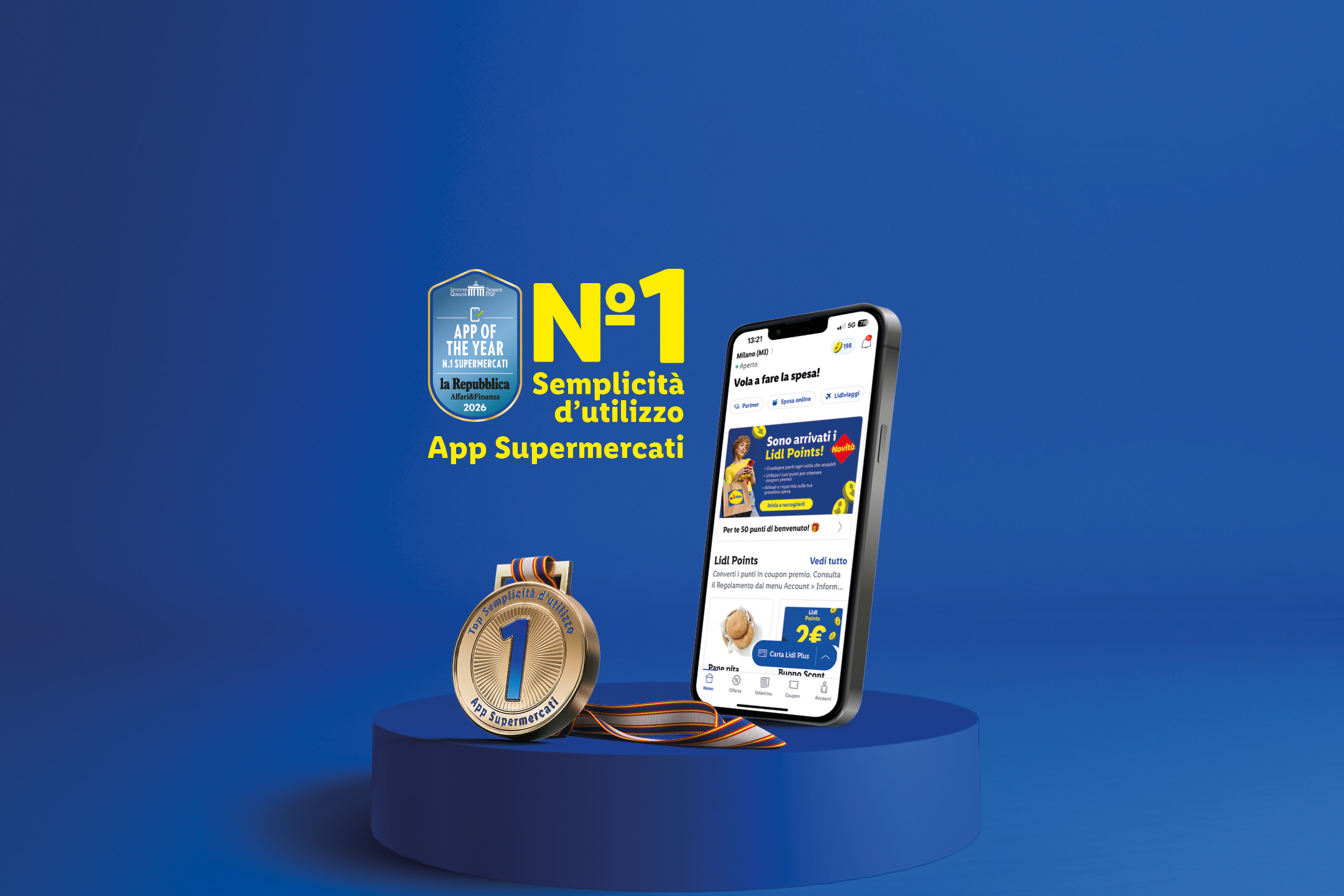 Un telefono mostra l'app di un supermercato con un premio per la semplicità d'uso.