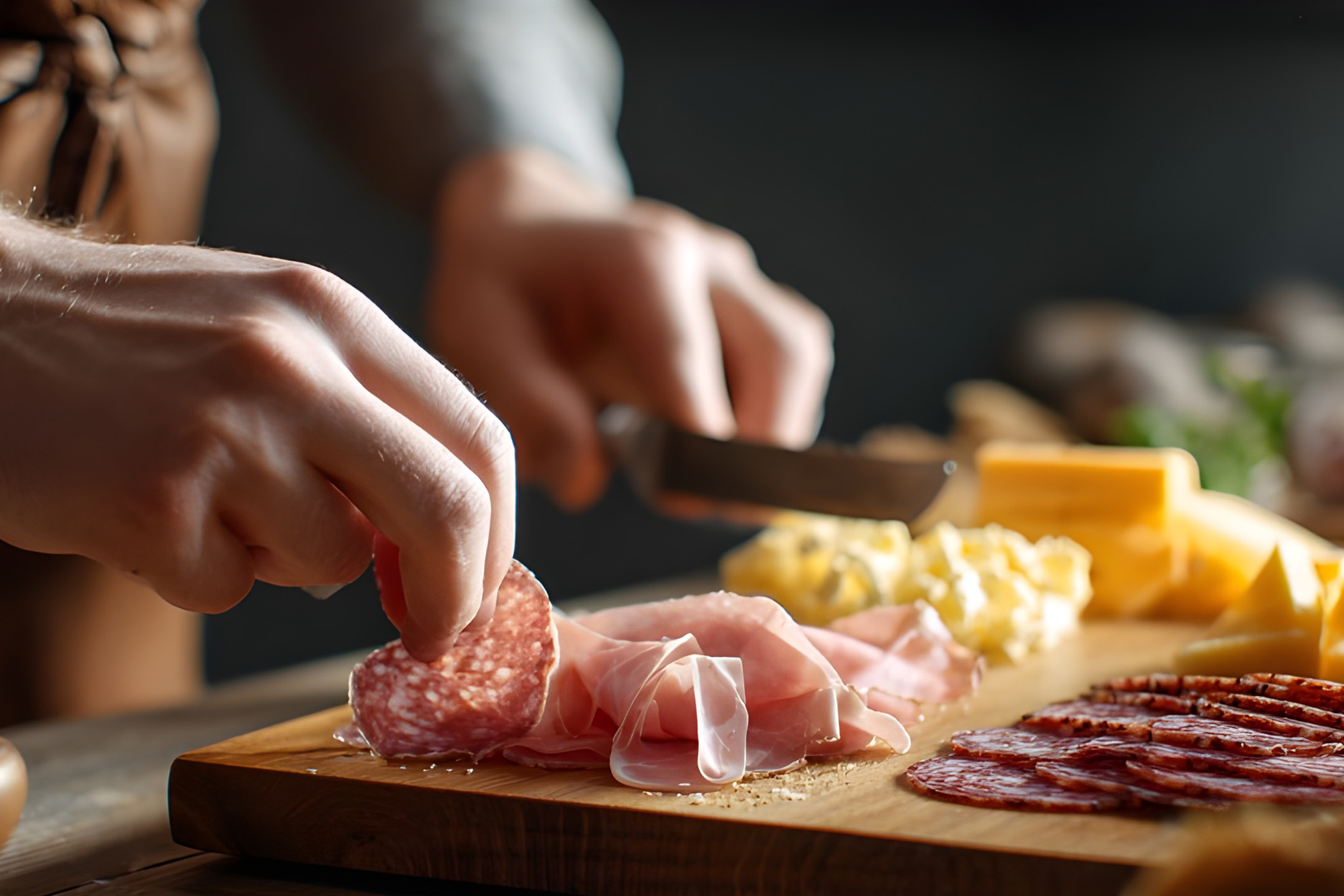 Mani che preparano un tagliere di salumi e formaggi, con salame, prosciutto e formaggio a cubetti.