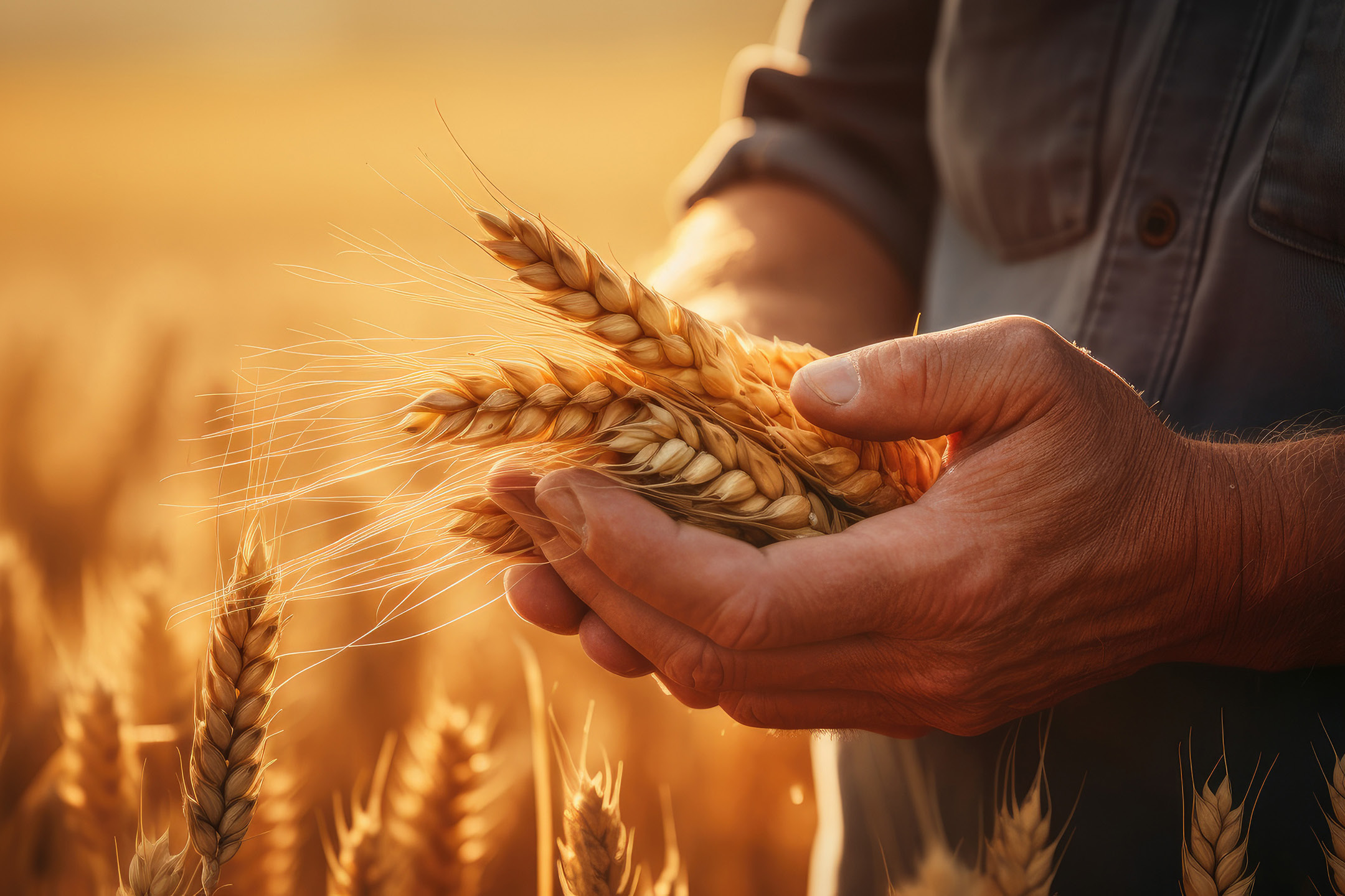 Mani di un contadino che tengono spighe di grano dorato in un campo al tramonto.