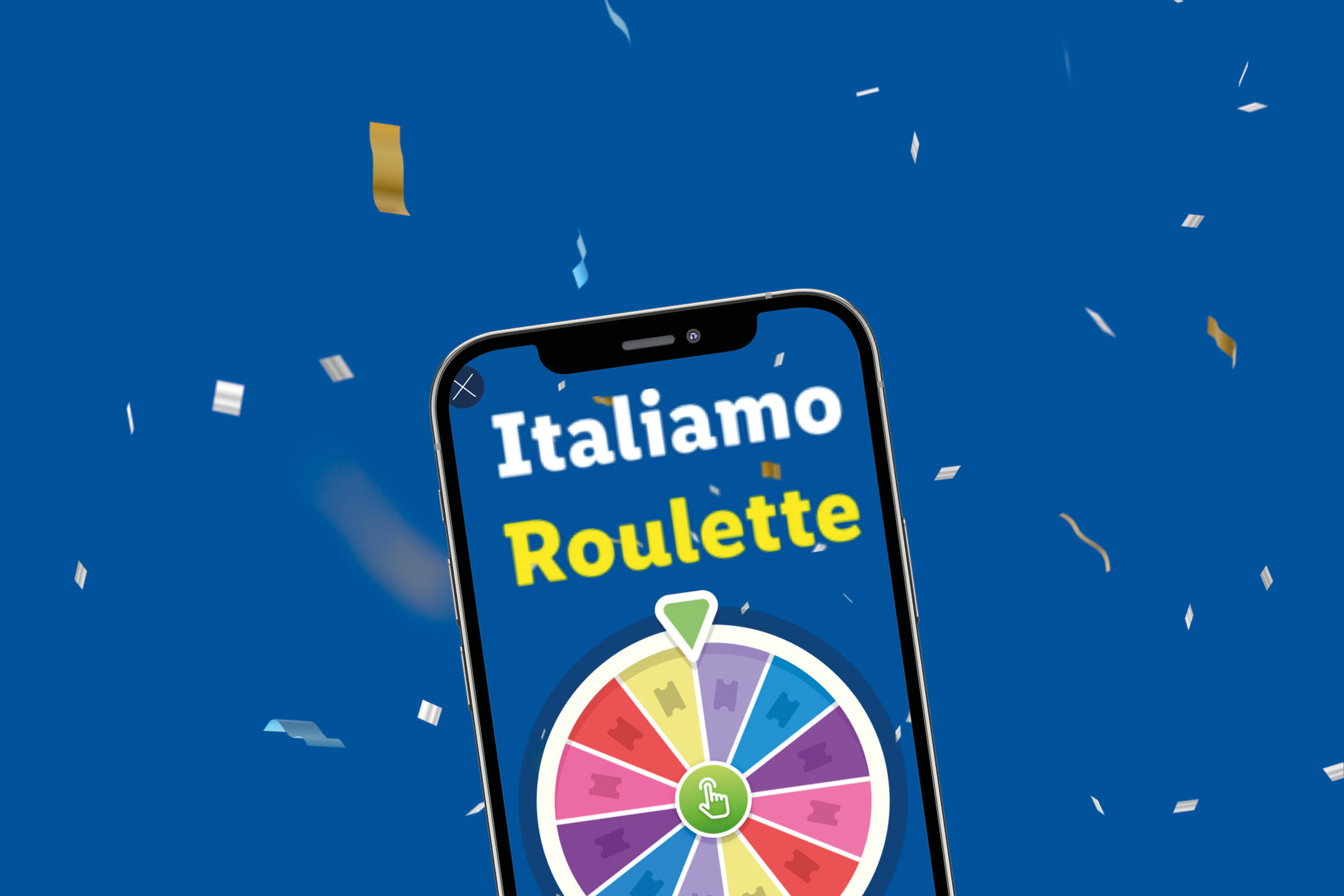 Uno smartphone con l'app 'Italiamo Roulette' su uno sfondo blu con coriandoli.