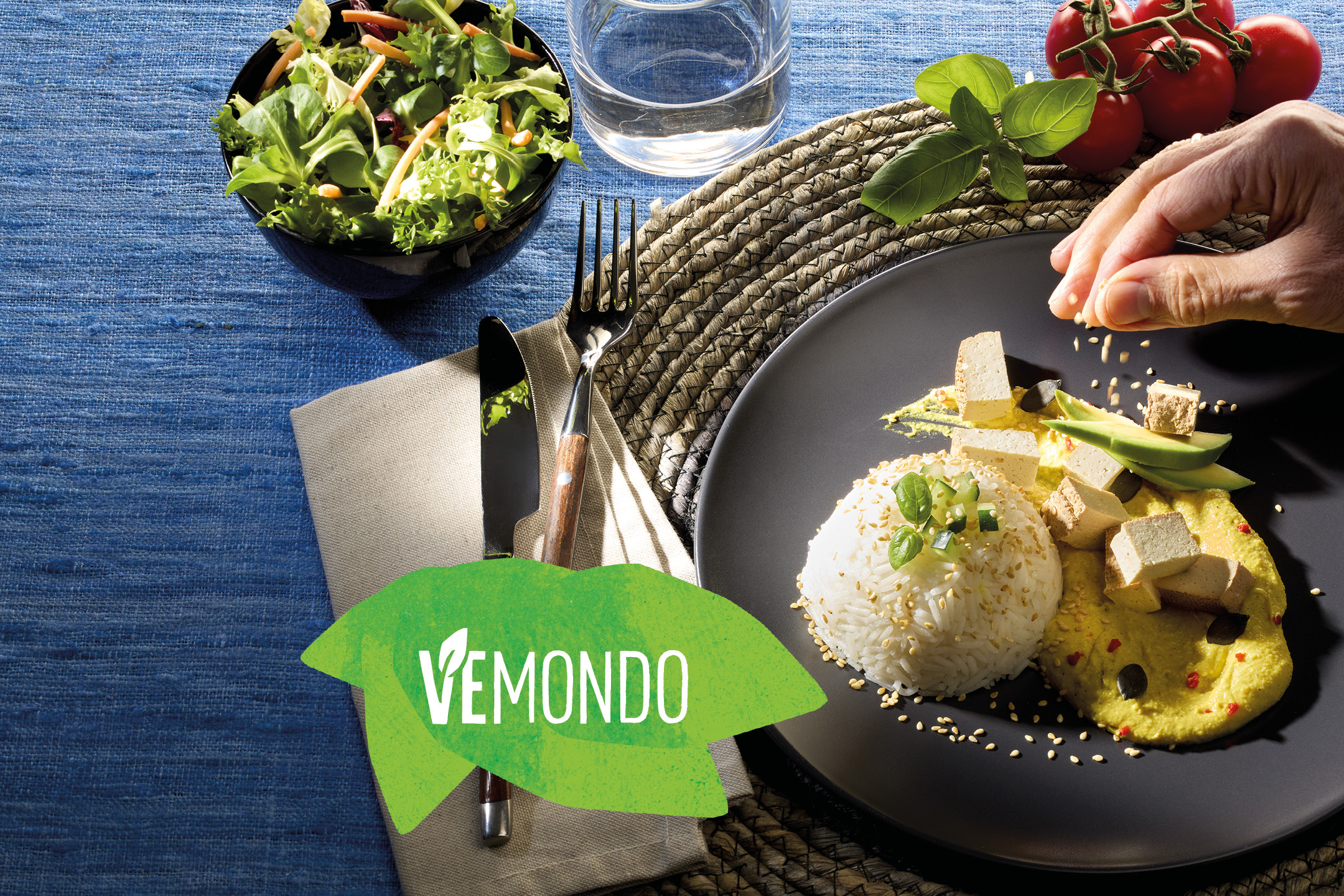 Piatto vegano Vemondo con riso, tofu, hummus, avocado e insalata su un tavolo blu.