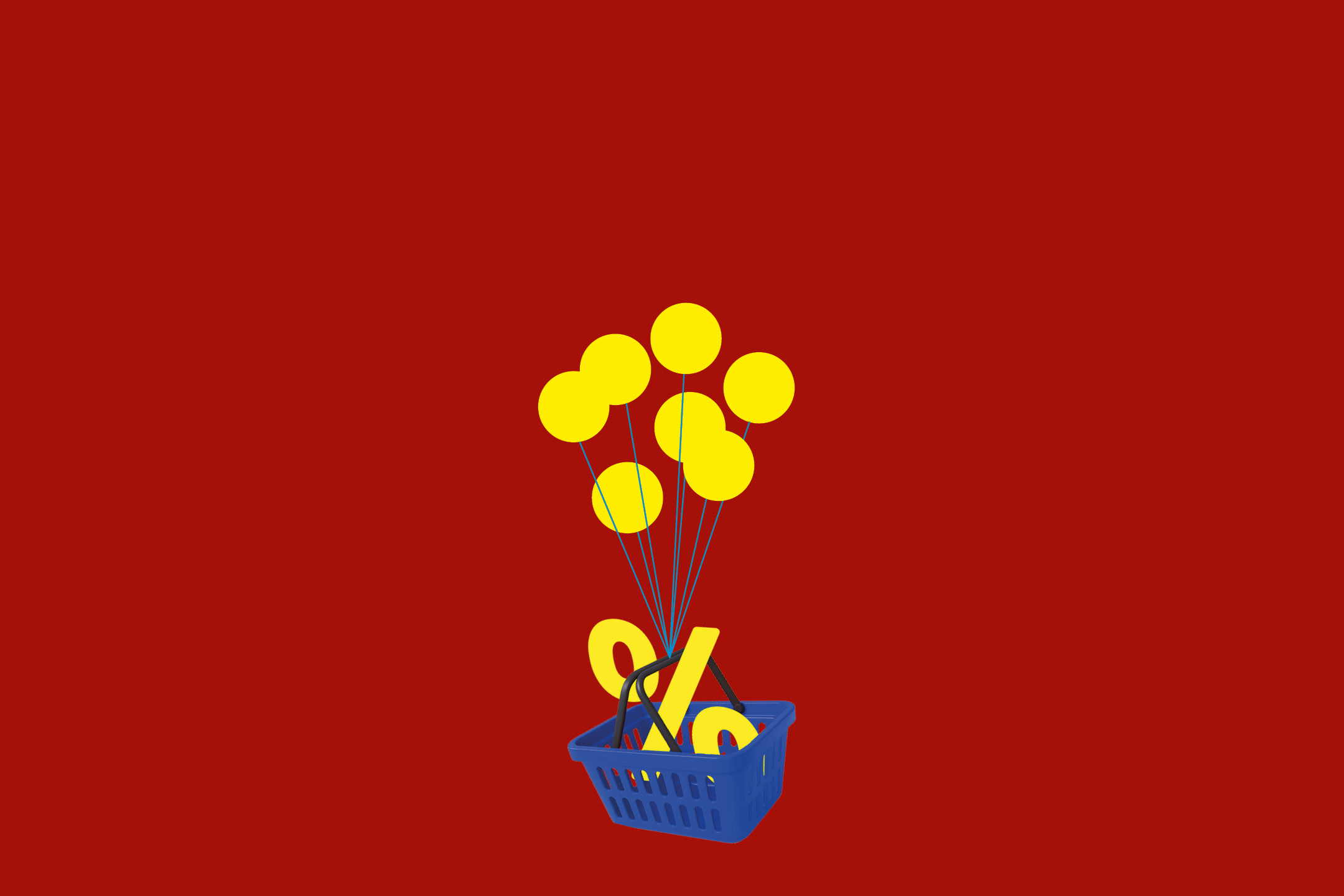 Un carrello della spesa blu con un simbolo di percentuale giallo e palloncini gialli su sfondo rosso.