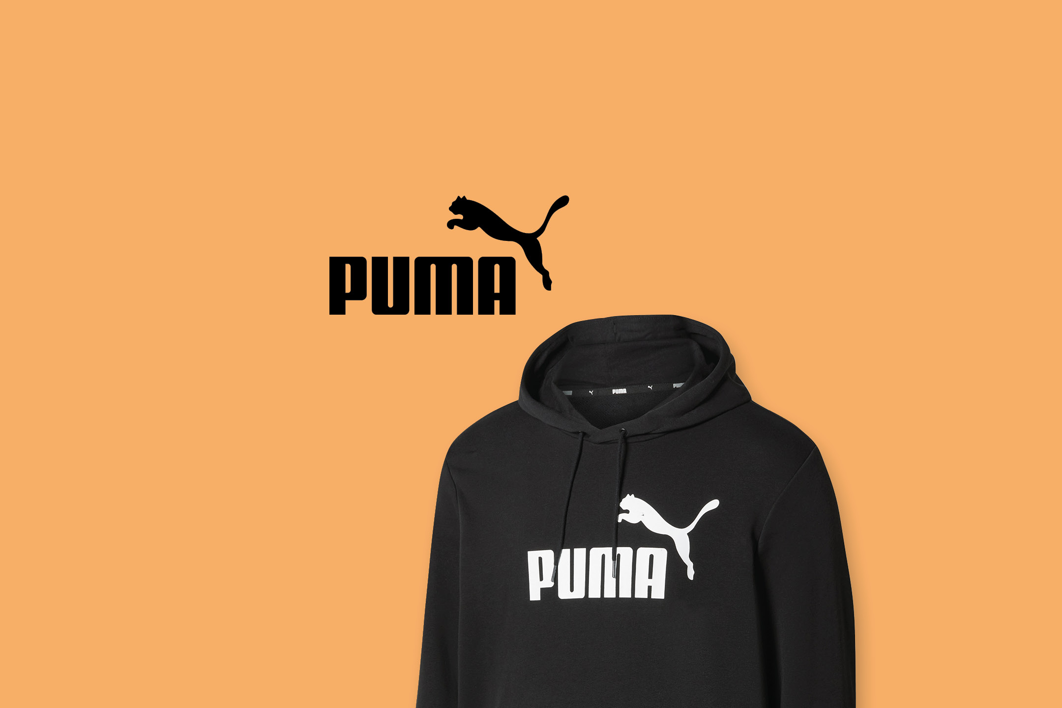 Felpa con cappuccio Puma nera con logo bianco e logo Puma nero su sfondo arancione.
