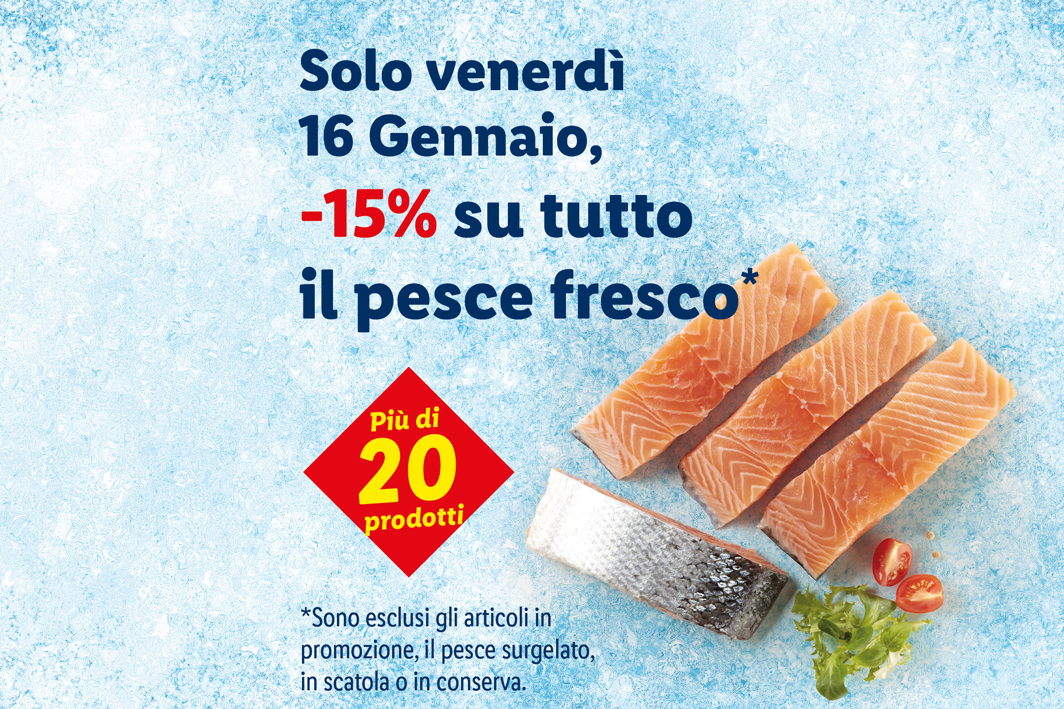 Salmone fresco con offerta del 15% di sconto su tutto il pesce fresco il 16 gennaio.