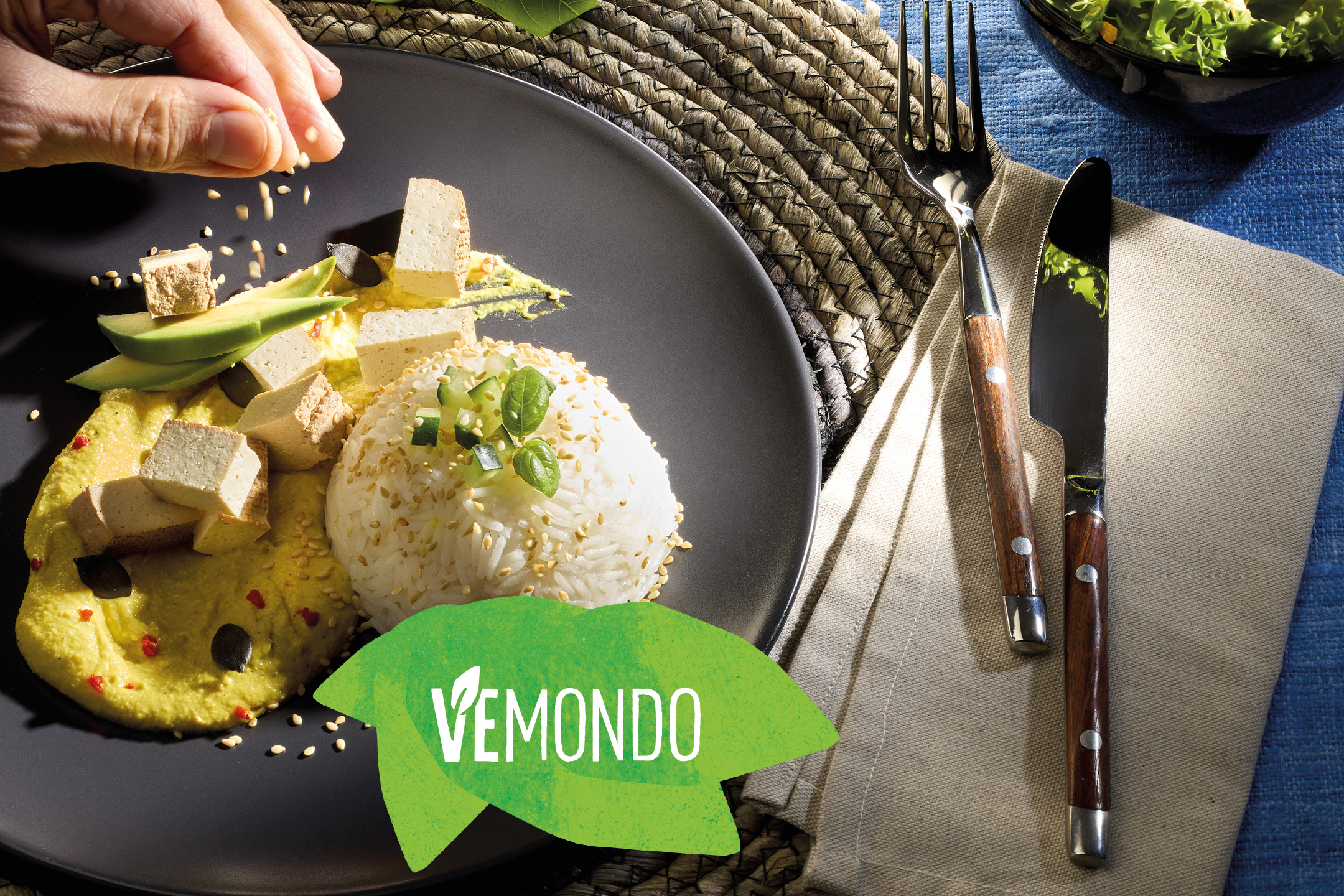 Piatto vegano VEMONDO con riso, tofu, avocado e hummus, guarnito con semi di sesamo.