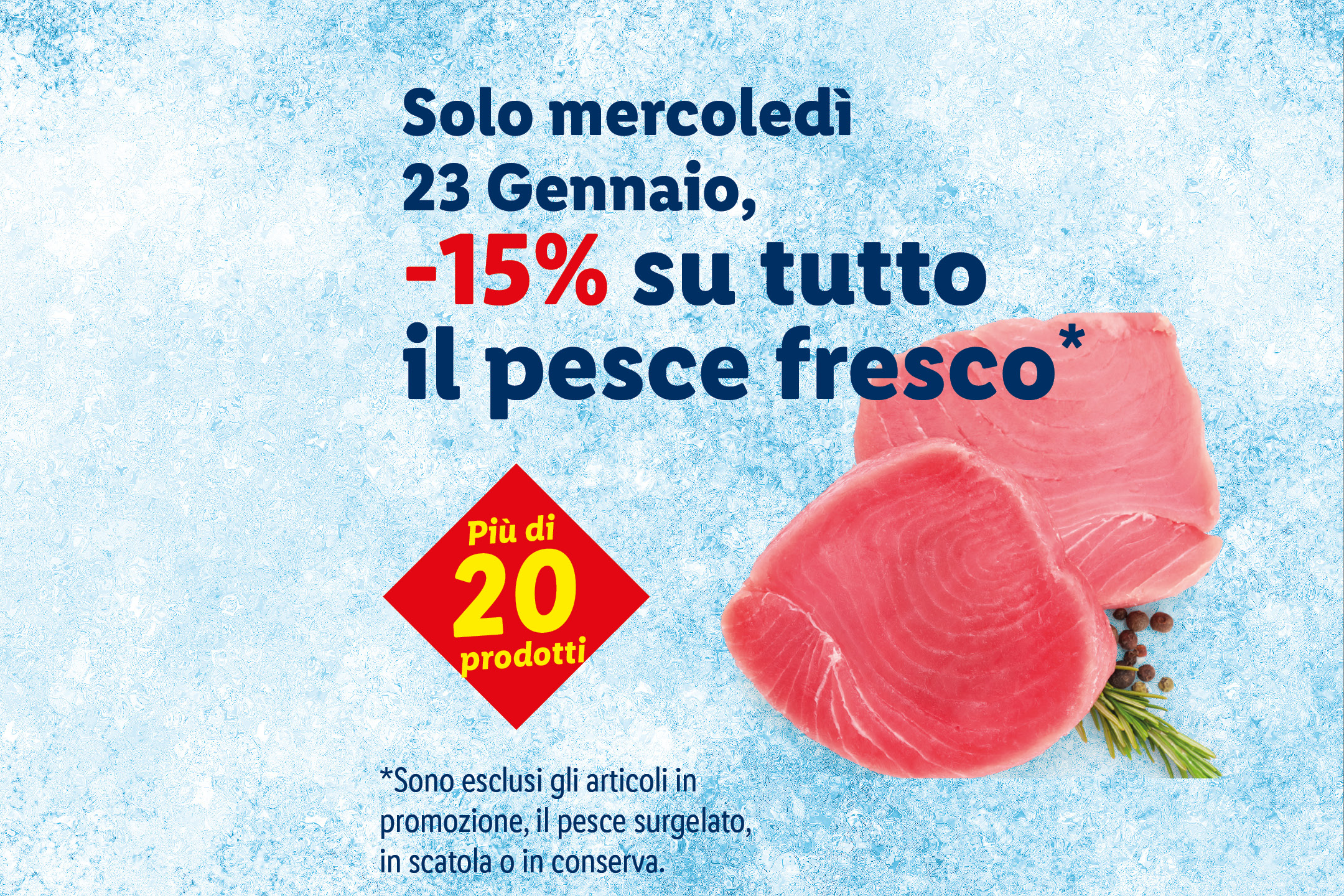 Offerta Lidl: 15% di sconto su tutto il pesce fresco il 23 gennaio, con oltre 20 prodotti disponibili.