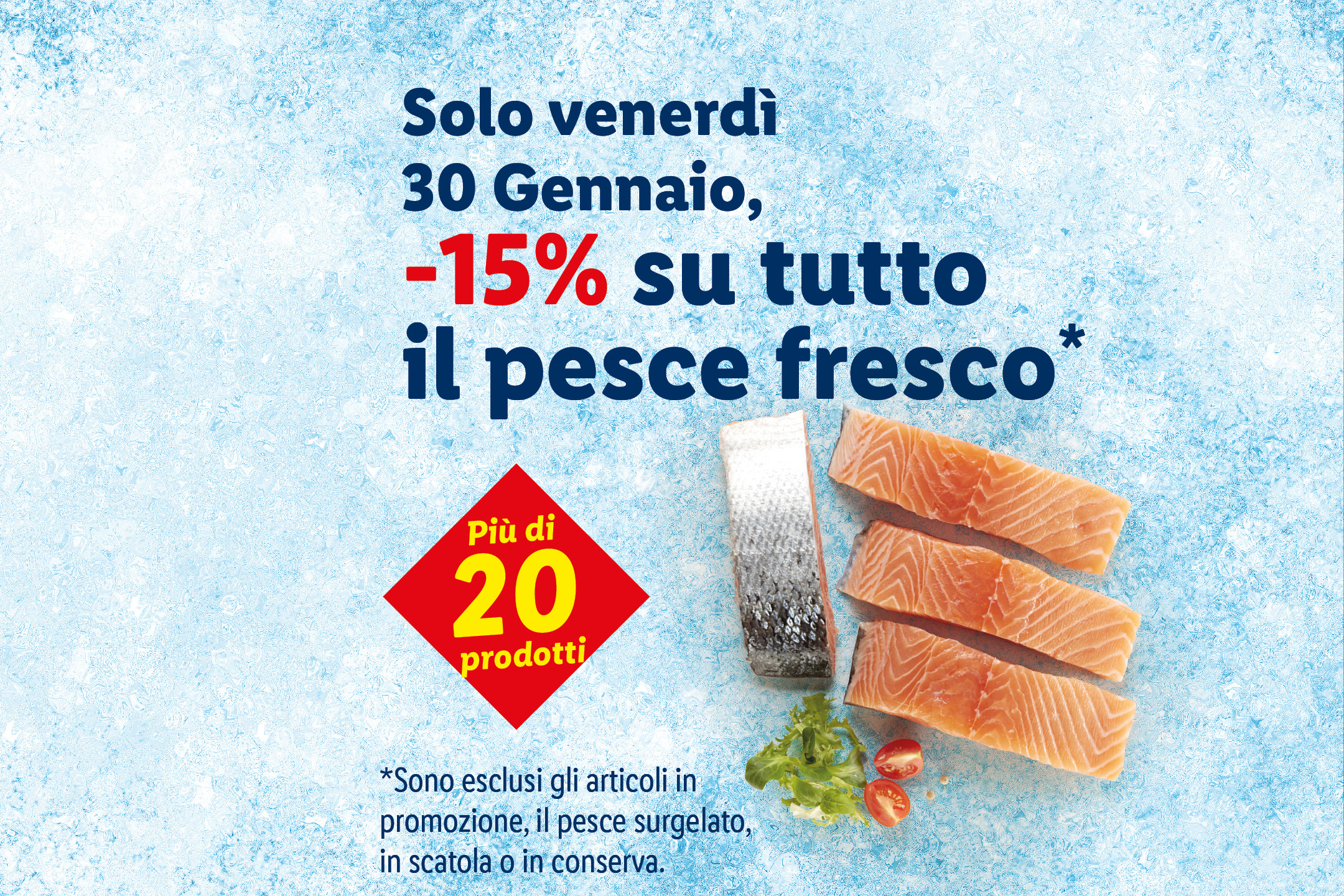 Offerta speciale: il 30 gennaio, -15% su tutto il pesce fresco (più di 20 prodotti), esclusi articoli in promozione, pesce surgelato, in scatola o in conserva.