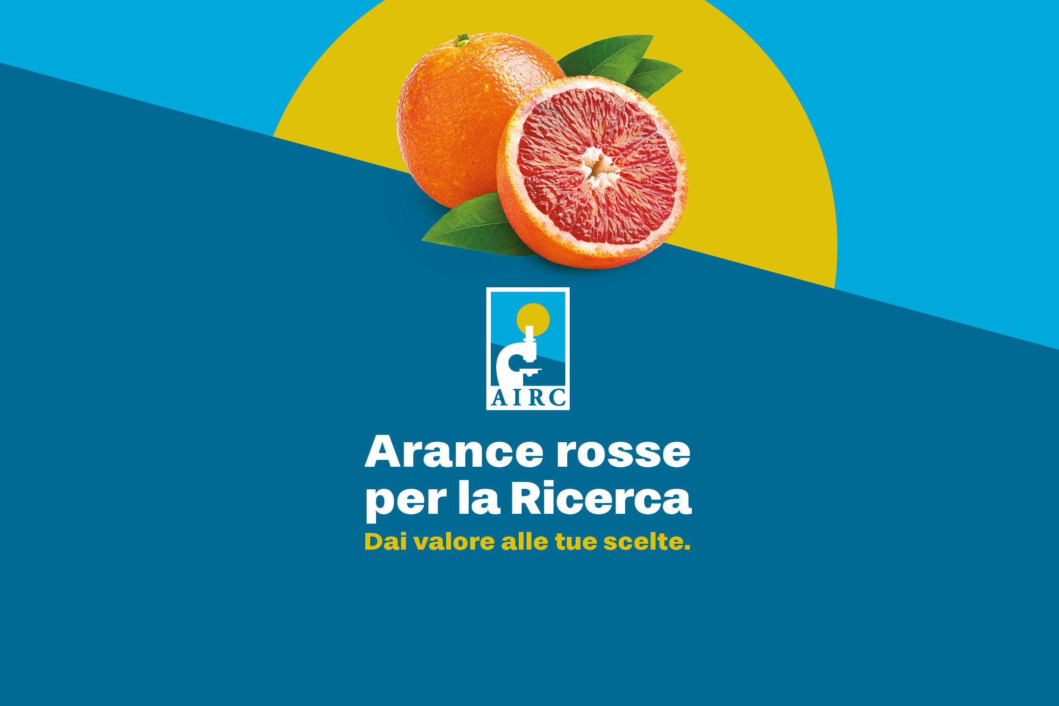 Arance rosse su sfondo blu e giallo con logo e testo: 'Arance rosse per la Ricerca'