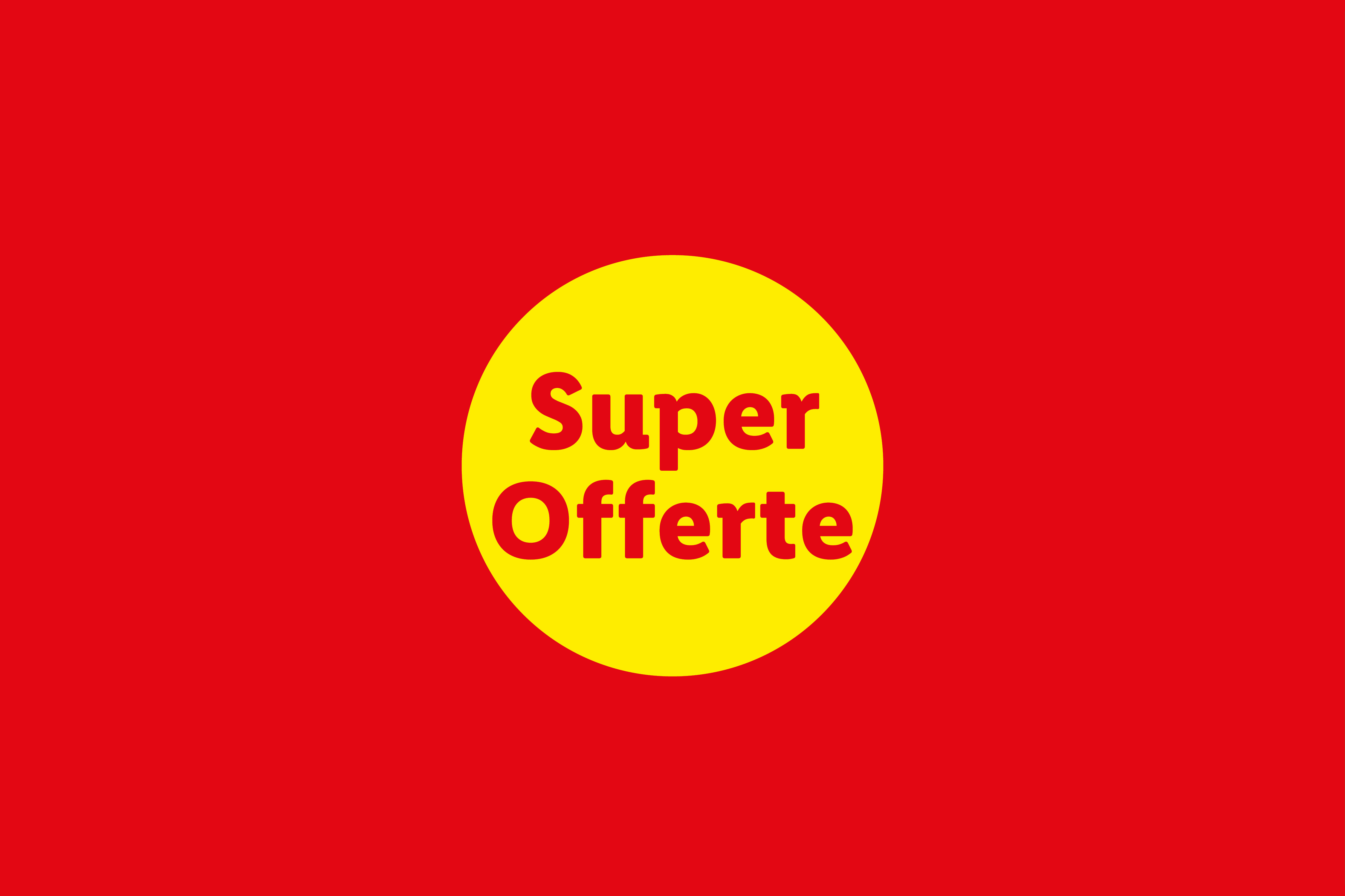 Sfondo rosso con un cerchio giallo al centro che recita 'Super Offerte' in rosso.