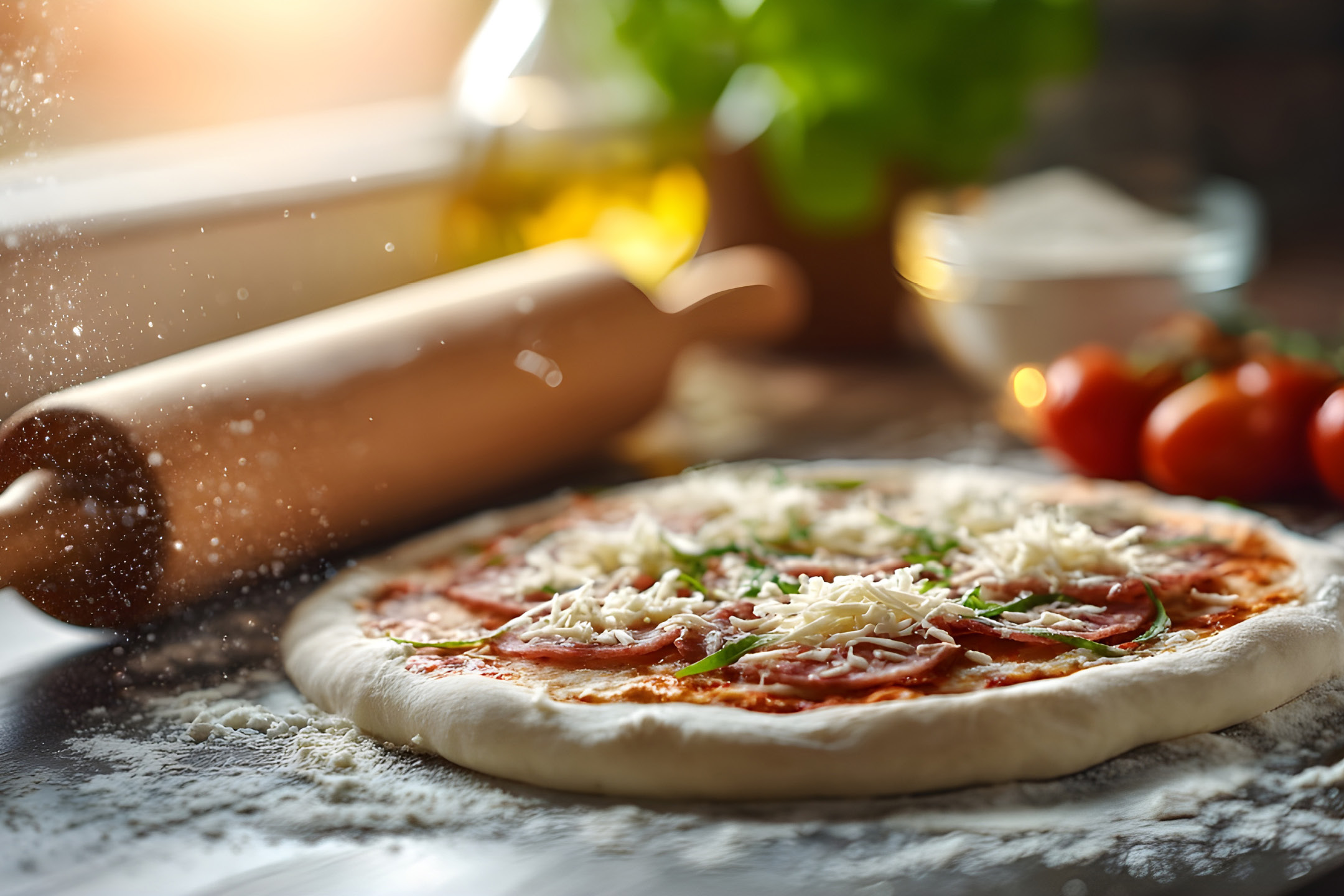 Pizza cruda con salame, formaggio e basilico, con farina e mattarello.