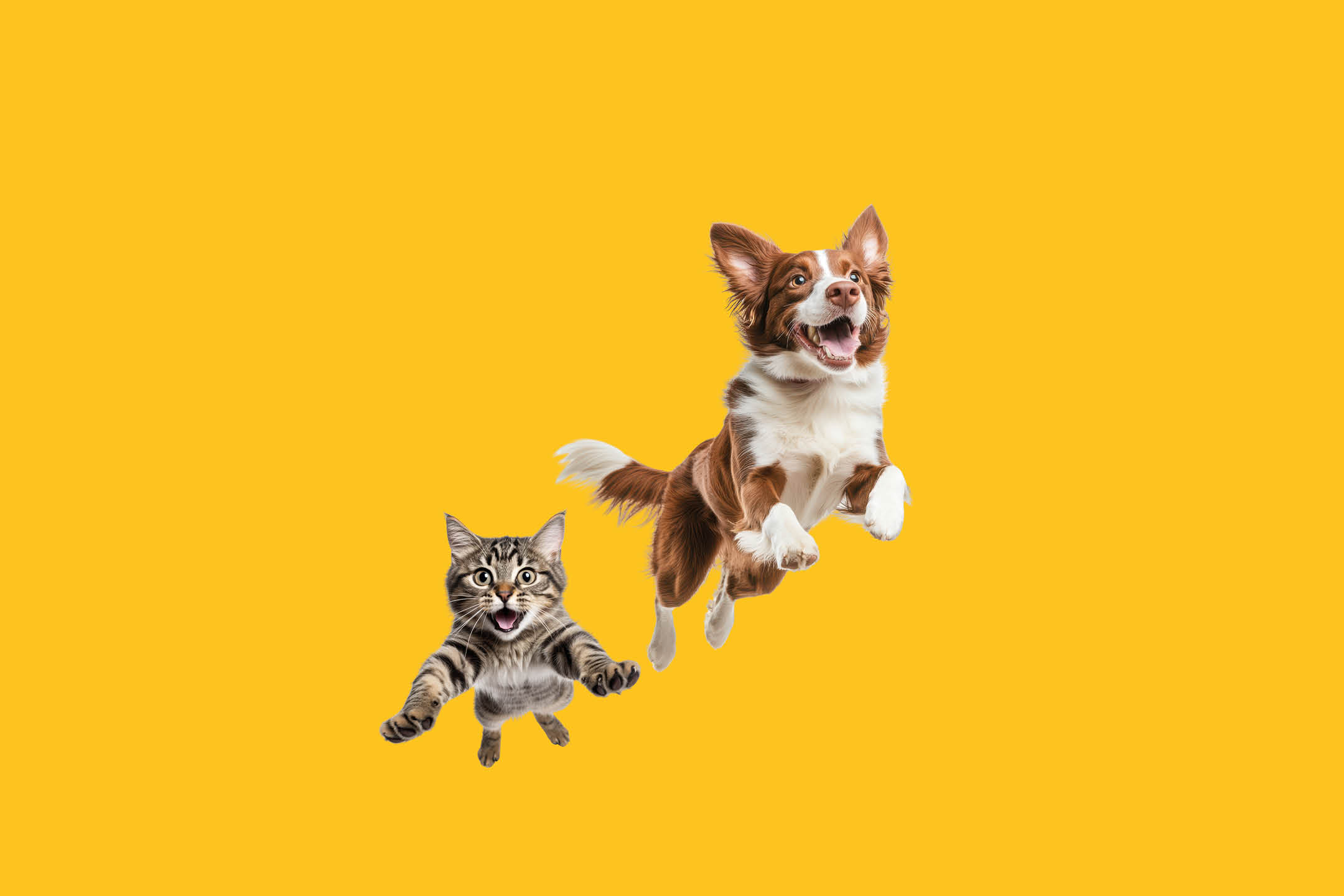 Un cane e un gatto che saltano su uno sfondo giallo.