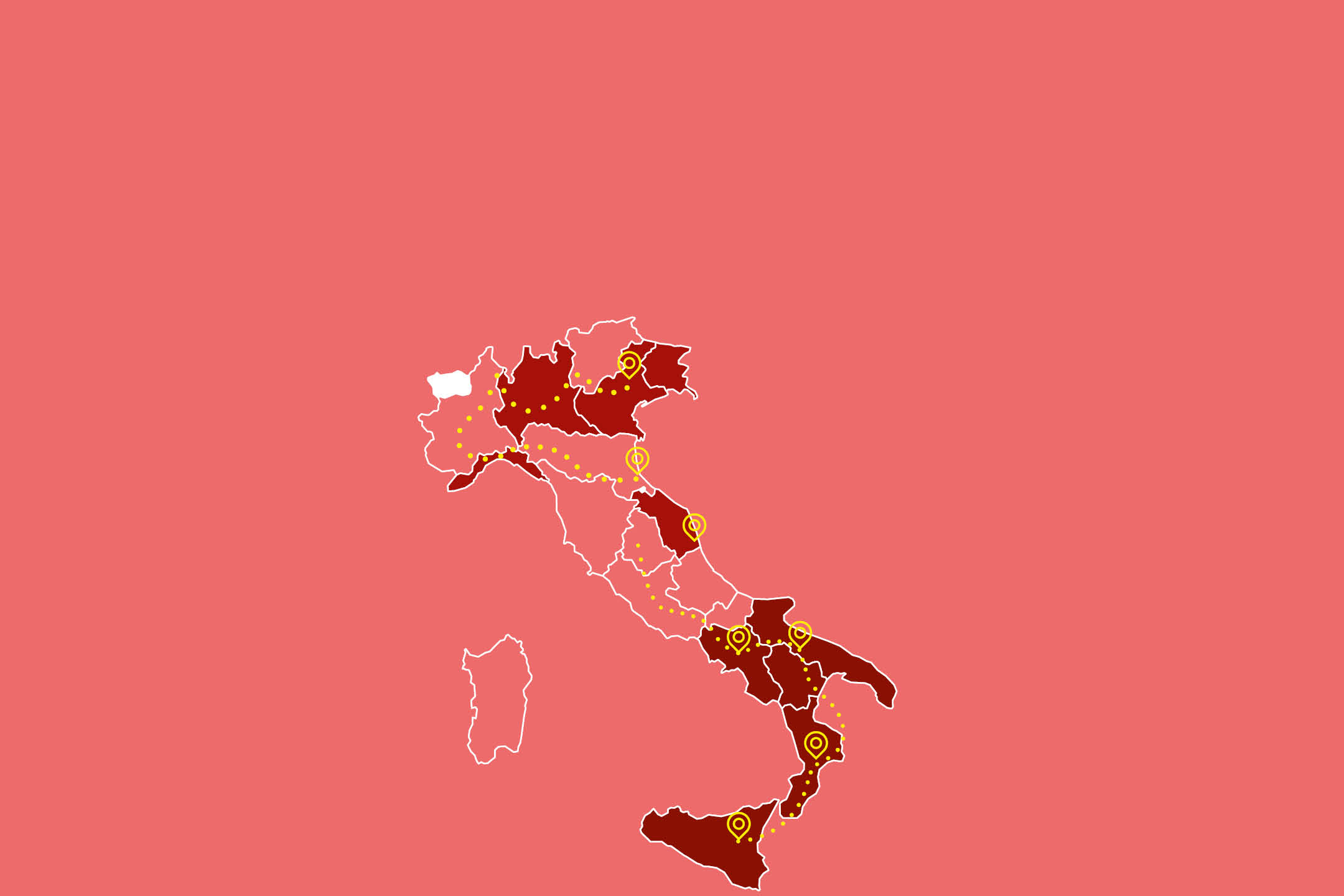 Mappa dell'Italia con regioni evidenziate e punti di interesse.