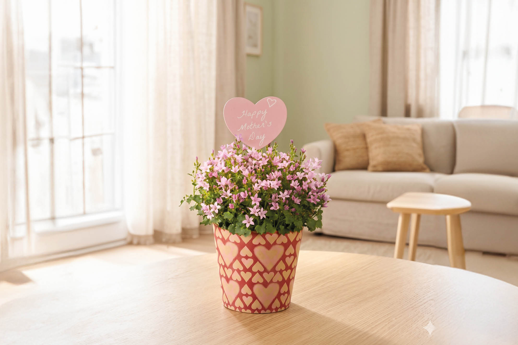 Vaso di fiori rosa con scritta 'Happy Mother's Day' su un tavolo in legno in un soggiorno.