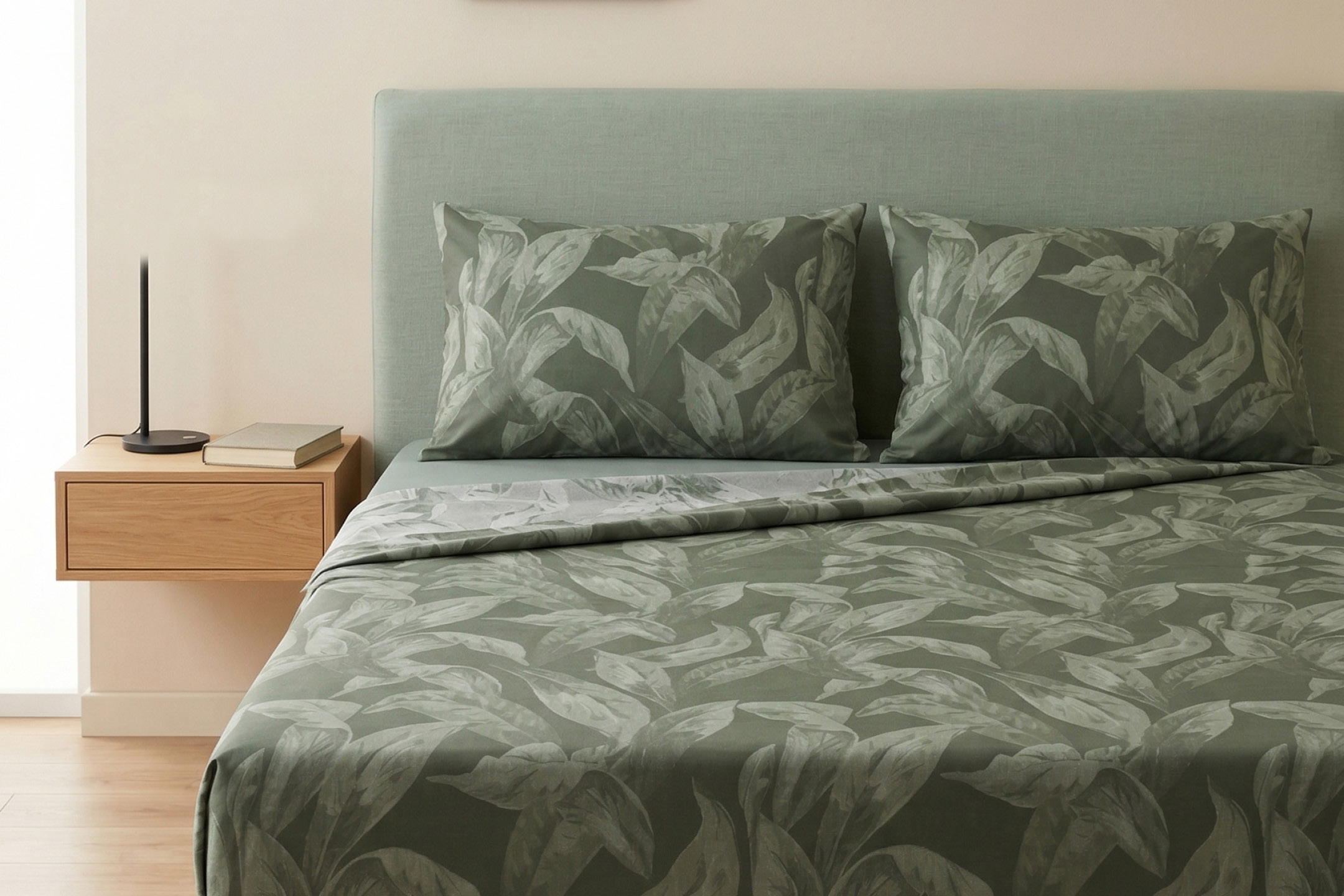 Letto con testiera verde acqua e biancheria da letto verde scuro con motivo a foglie.