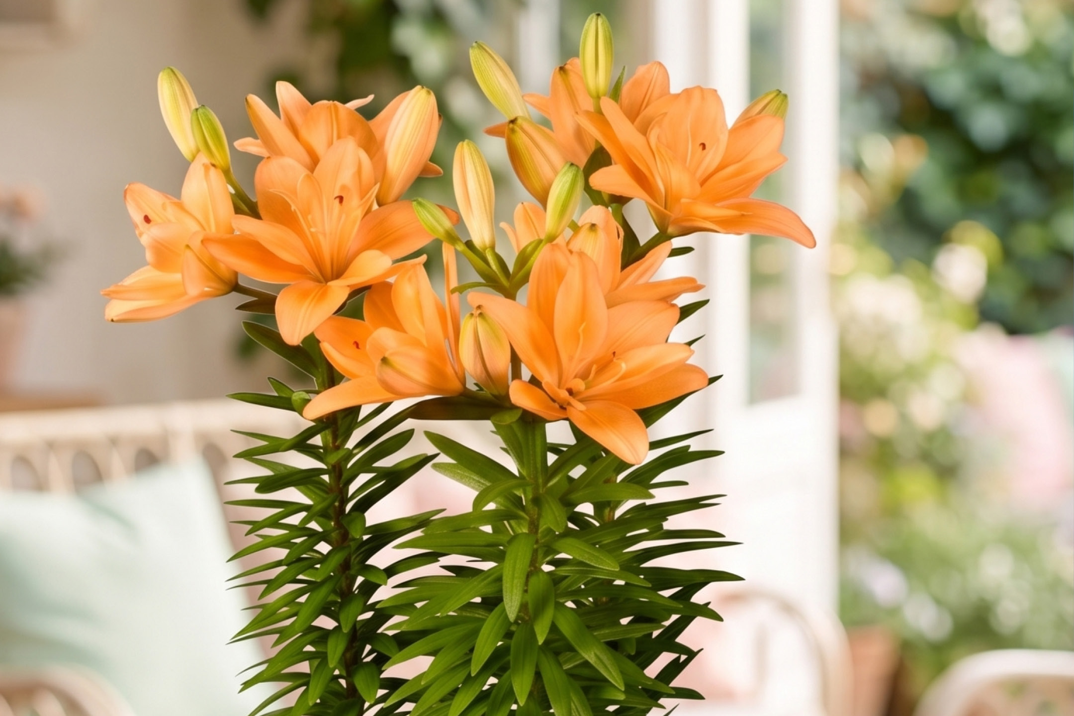 Gigli arancioni in fiore con boccioli, in un ambiente luminoso e accogliente.