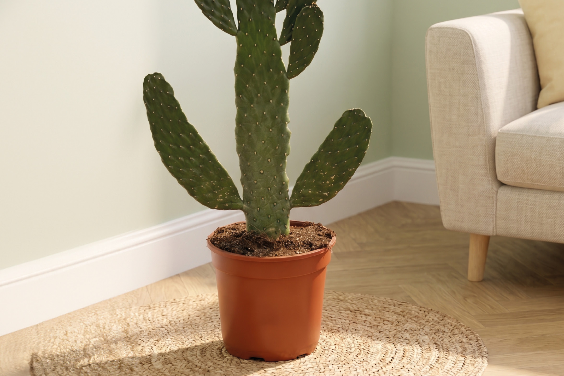 Cactus in vaso marrone su tappeto di iuta, con divano beige e parete verde chiaro.
