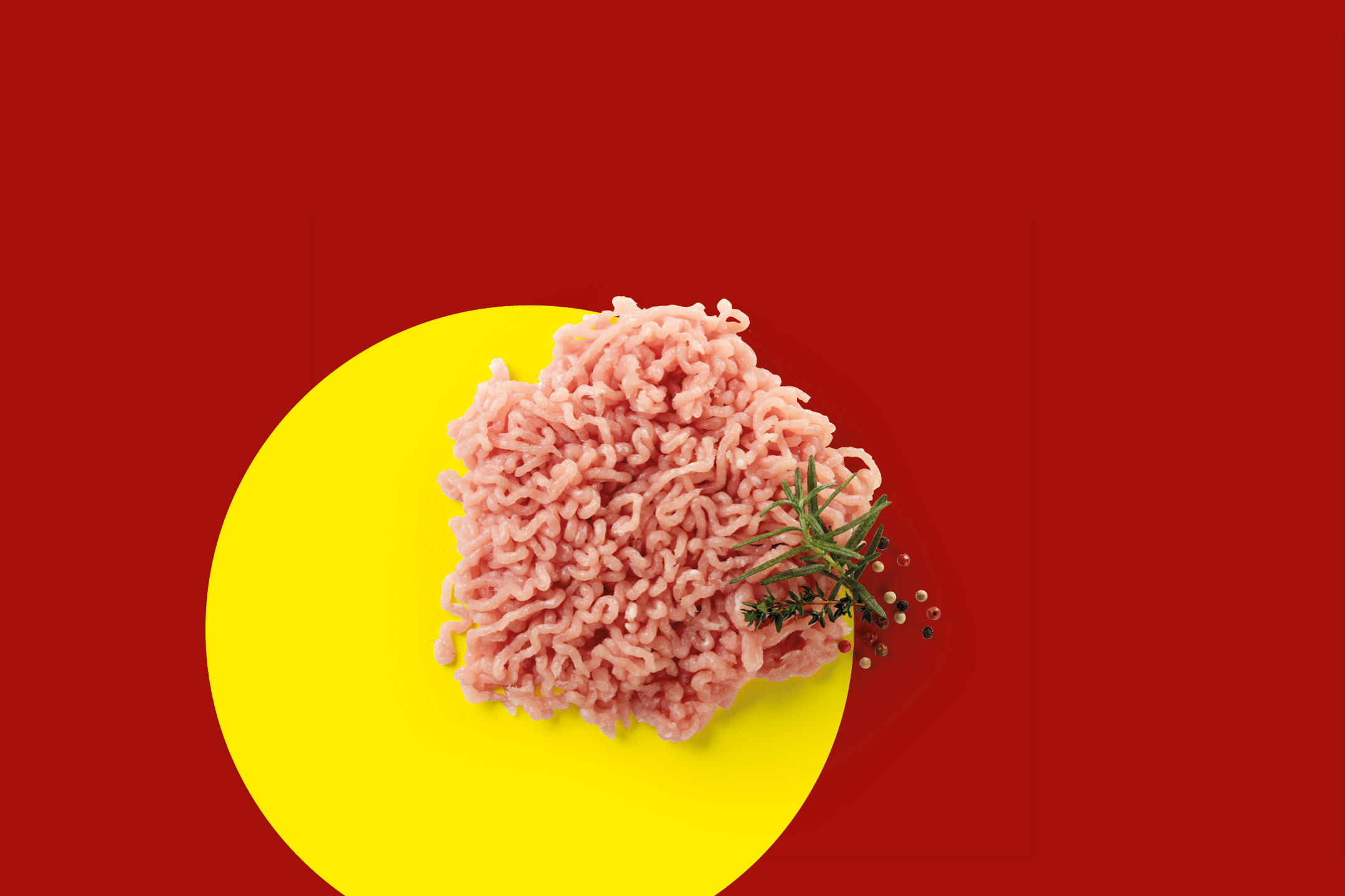 Carne macinata con erbe aromatiche e grani di pepe su sfondo rosso e giallo.