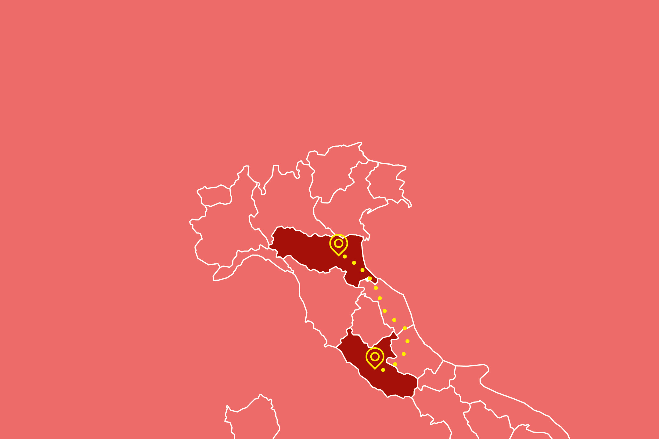 Mappa dell'Italia con due regioni evidenziate e un percorso punteggiato tra di esse.
