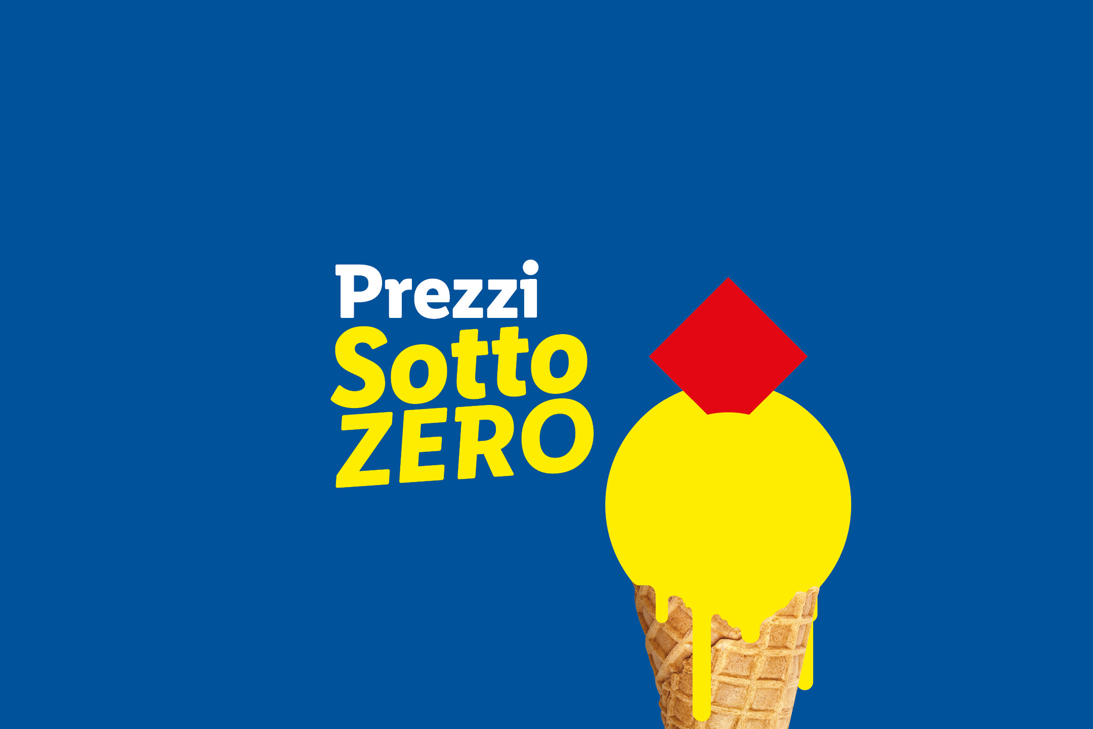 Cono gelato giallo che si scioglie con un quadrato rosso, su sfondo blu con testo 'Prezzi Sotto ZERO'.