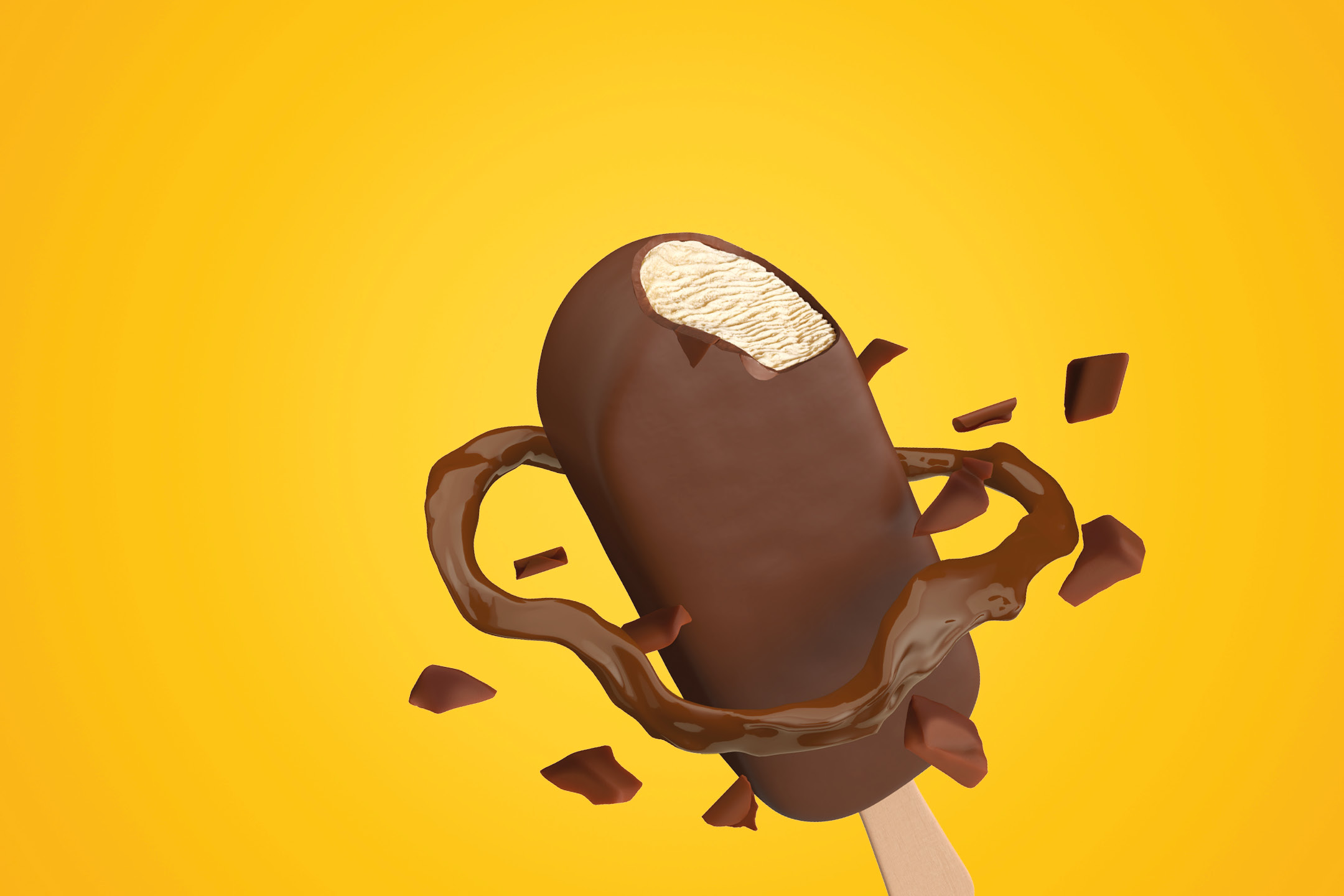 Gelato su stecco al cioccolato con ripieno alla vaniglia, con cioccolato fuso e pezzi di cioccolato.
