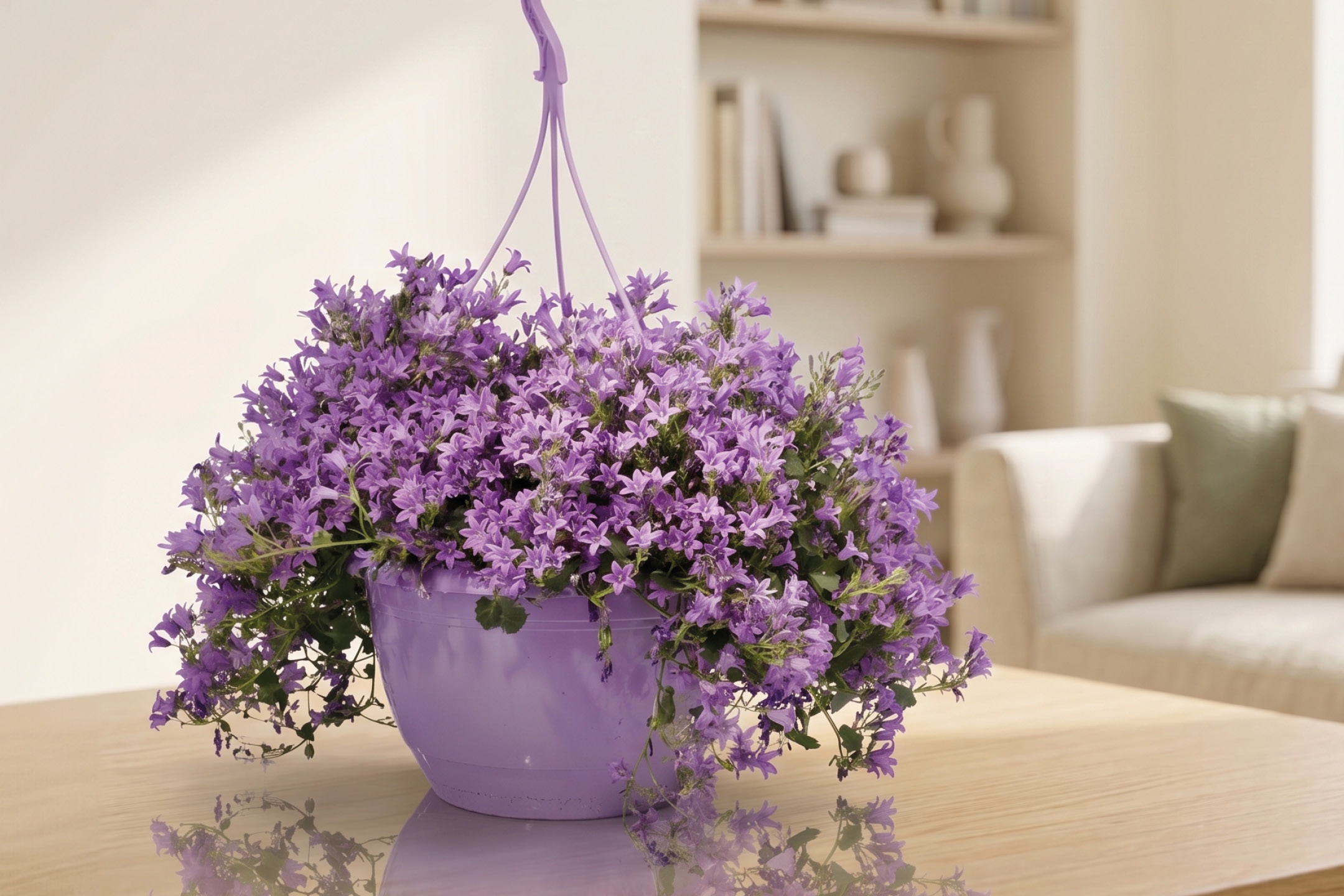 Vaso sospeso viola con campanule su un tavolo di legno in un soggiorno luminoso.