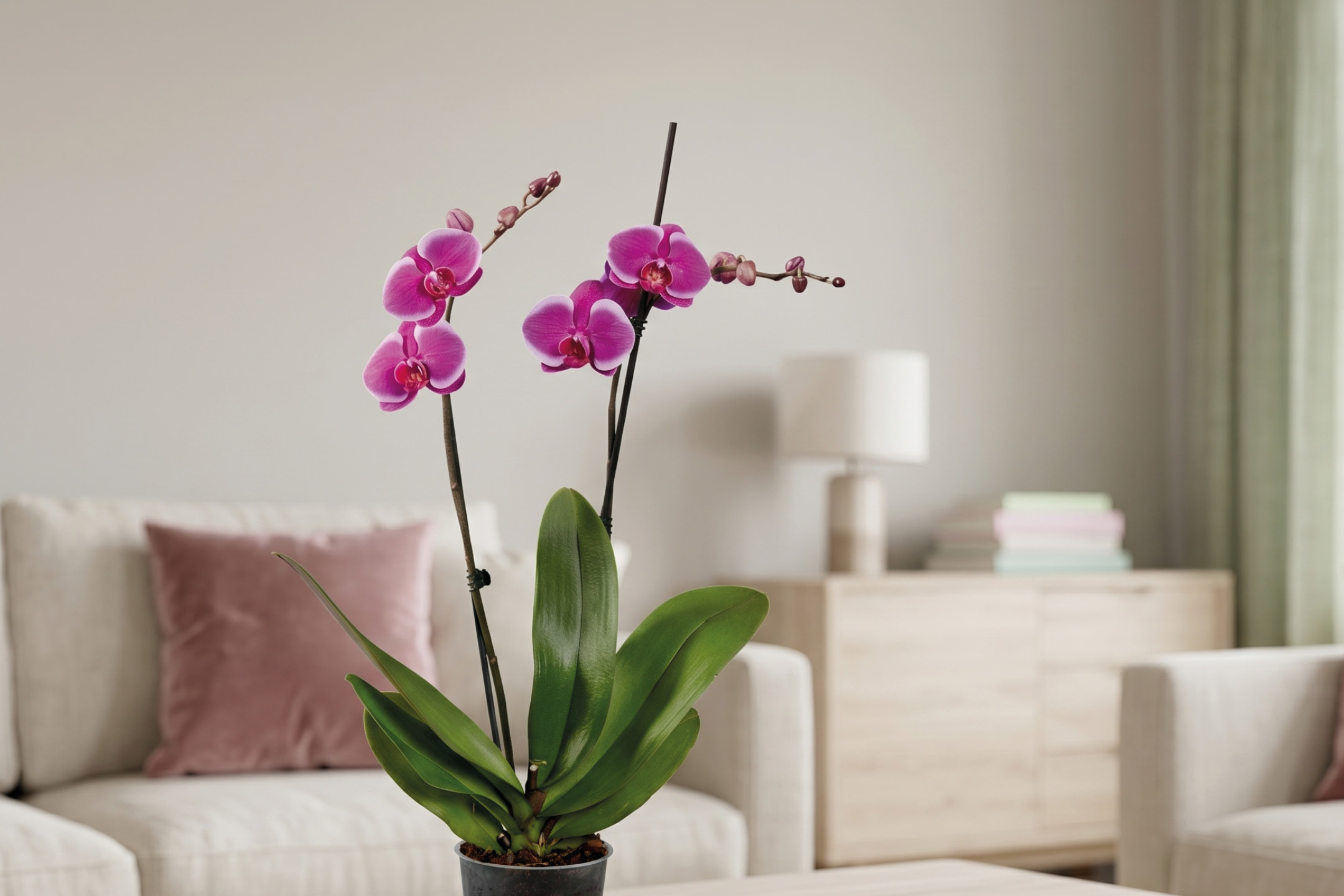 Orchidea rosa in vaso su un tavolino da caffè in un soggiorno moderno.