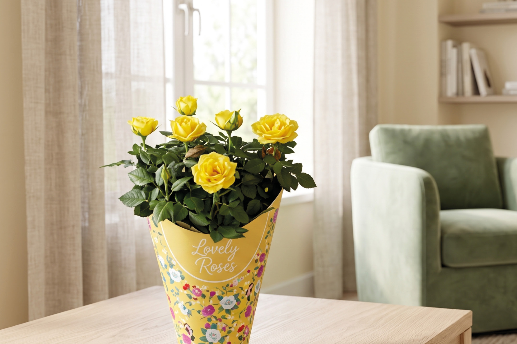 Rose gialle in vaso con confezione decorata con la scritta 'Lovely Roses' su un tavolo di legno.