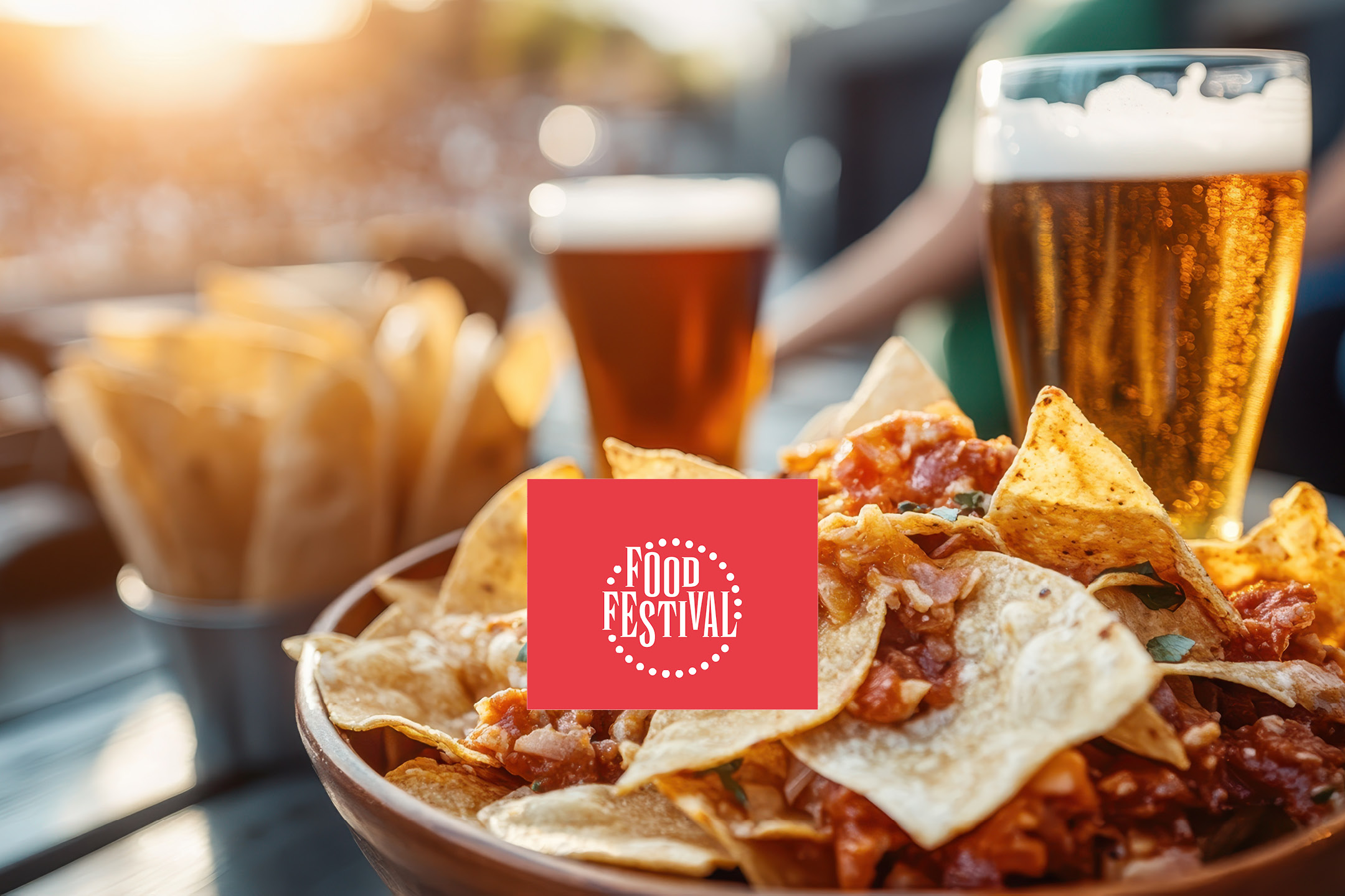 Nachos con salsa e birra, con logo 'Food Festival'.