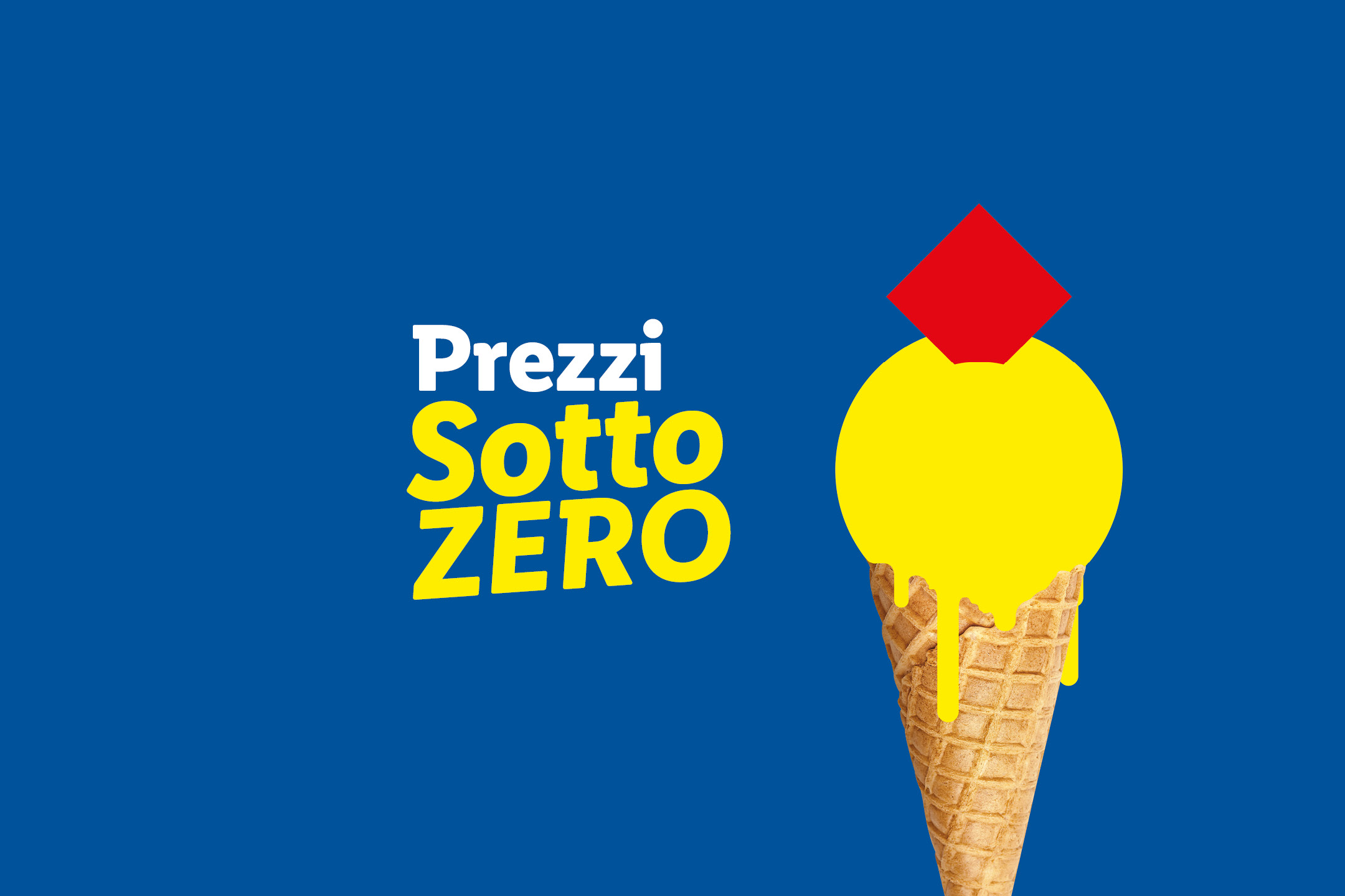 Cono gelato con pallina gialla e un diamante rosso, con testo 'Prezzi Sotto ZERO'.