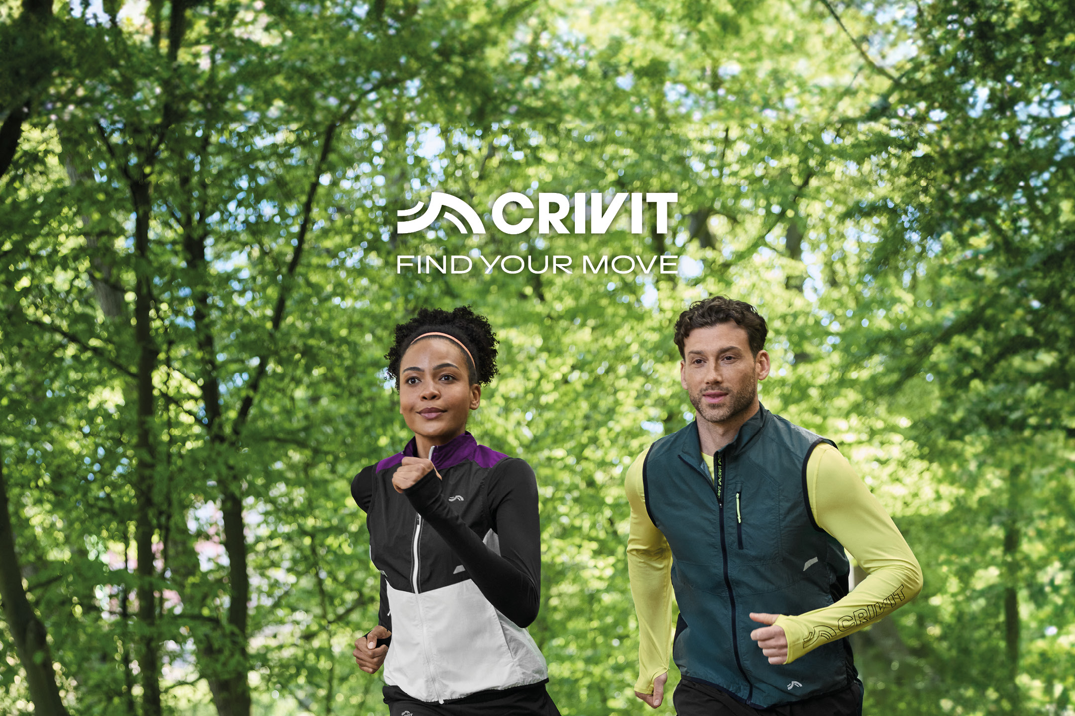 Due persone che fanno jogging in abbigliamento sportivo, con lo slogan 'FIND YOUR MOVE'.
