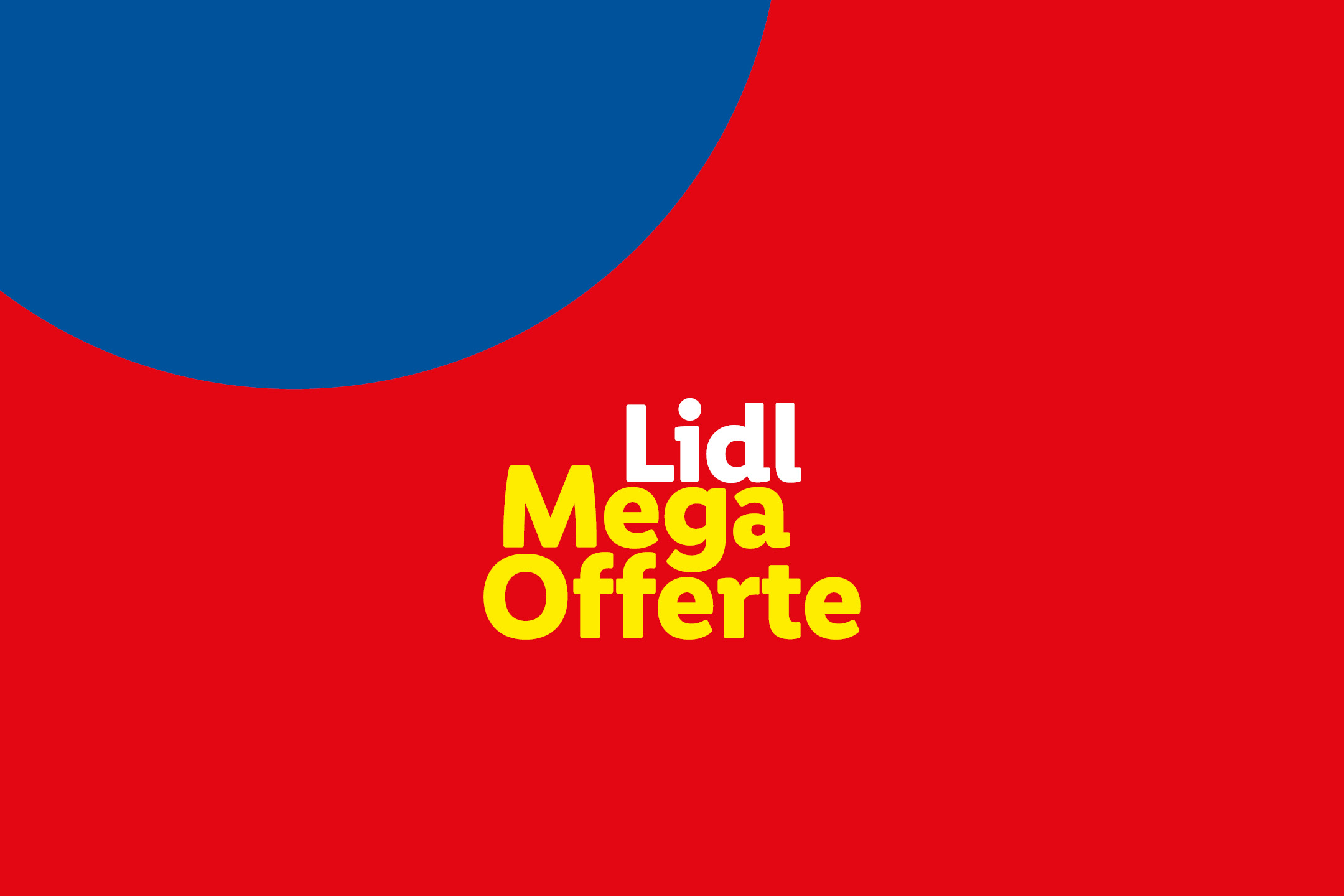 Sfondo rosso e blu con testo bianco e giallo che annuncia 'Mega Offerte'.