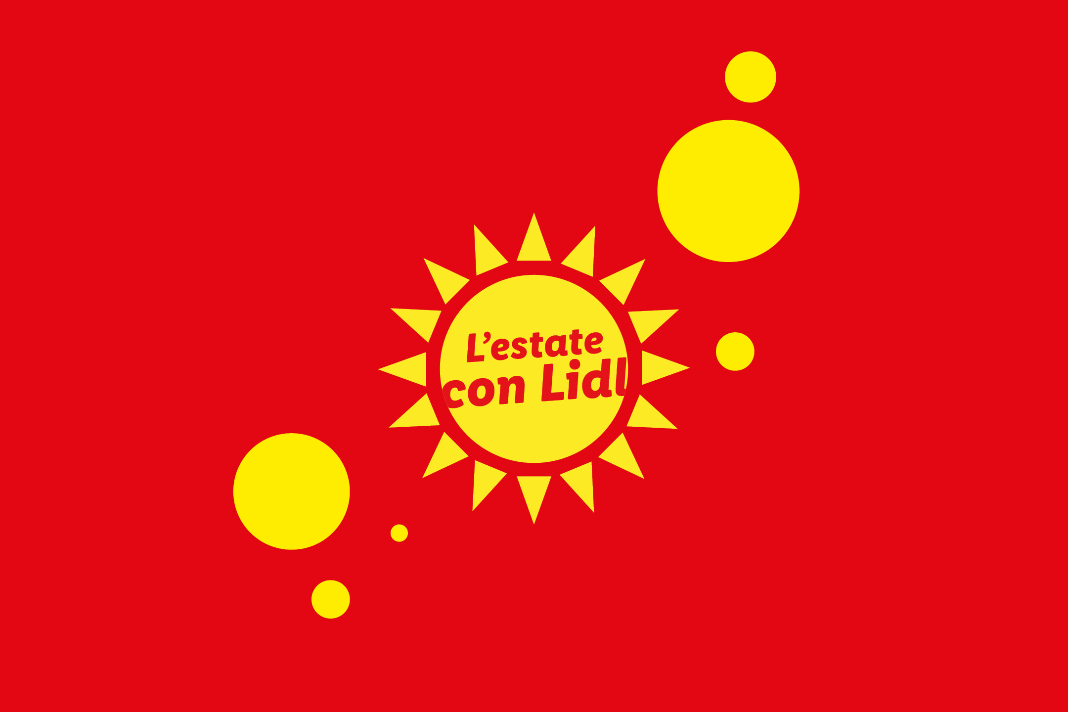Sfondo rosso con cerchi gialli e un sole con la scritta 'L'estate con Lidl'.