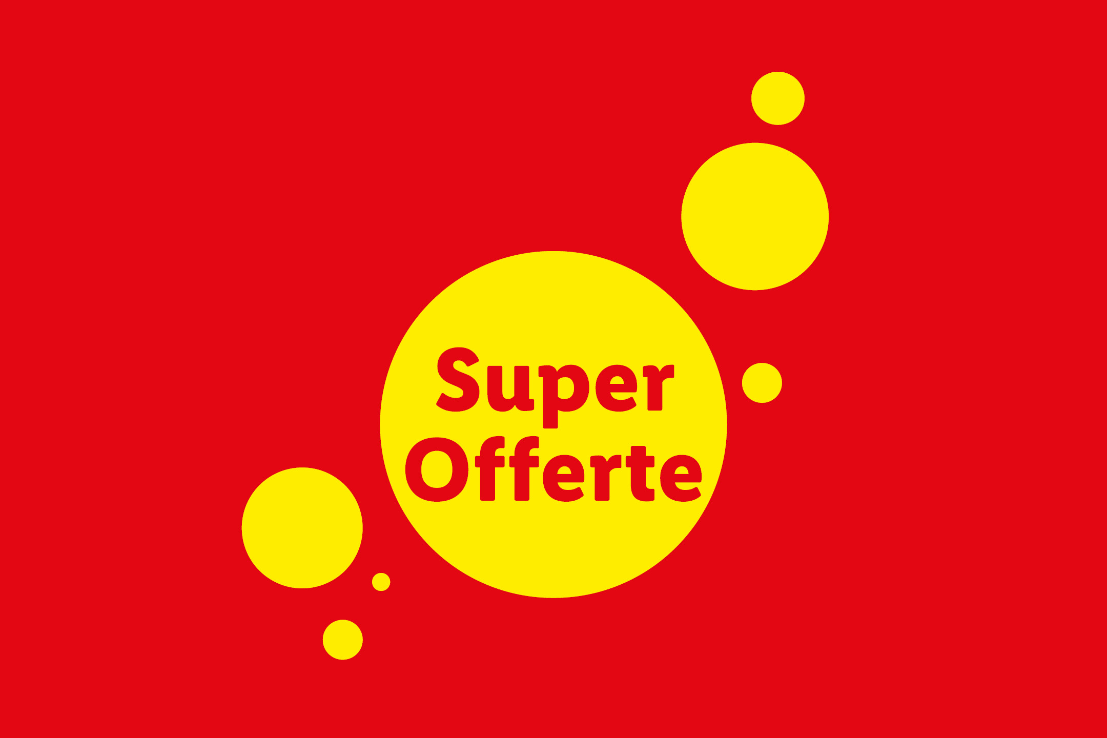 Sfondo rosso con cerchi gialli e testo 'Super Offerte'.